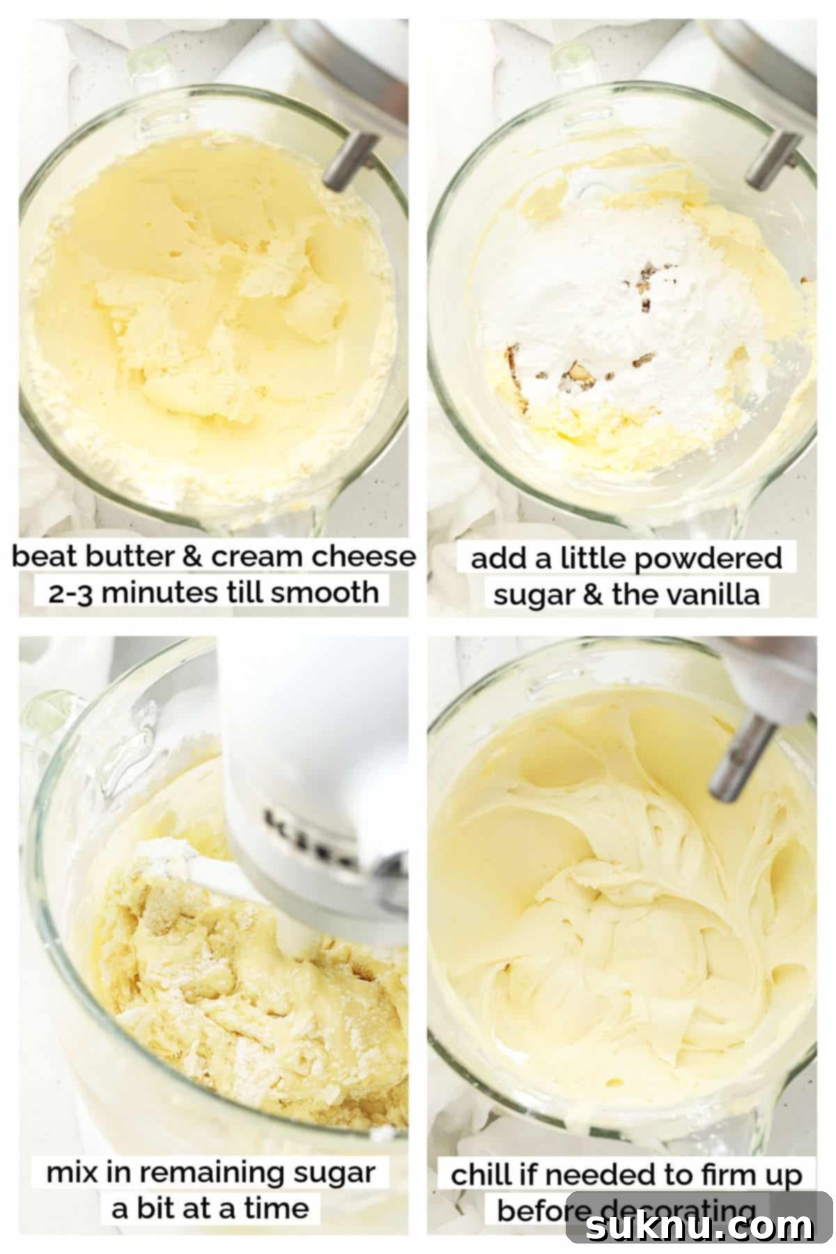 Step-by-step process of making creamy gluten-free cream cheese frosting.