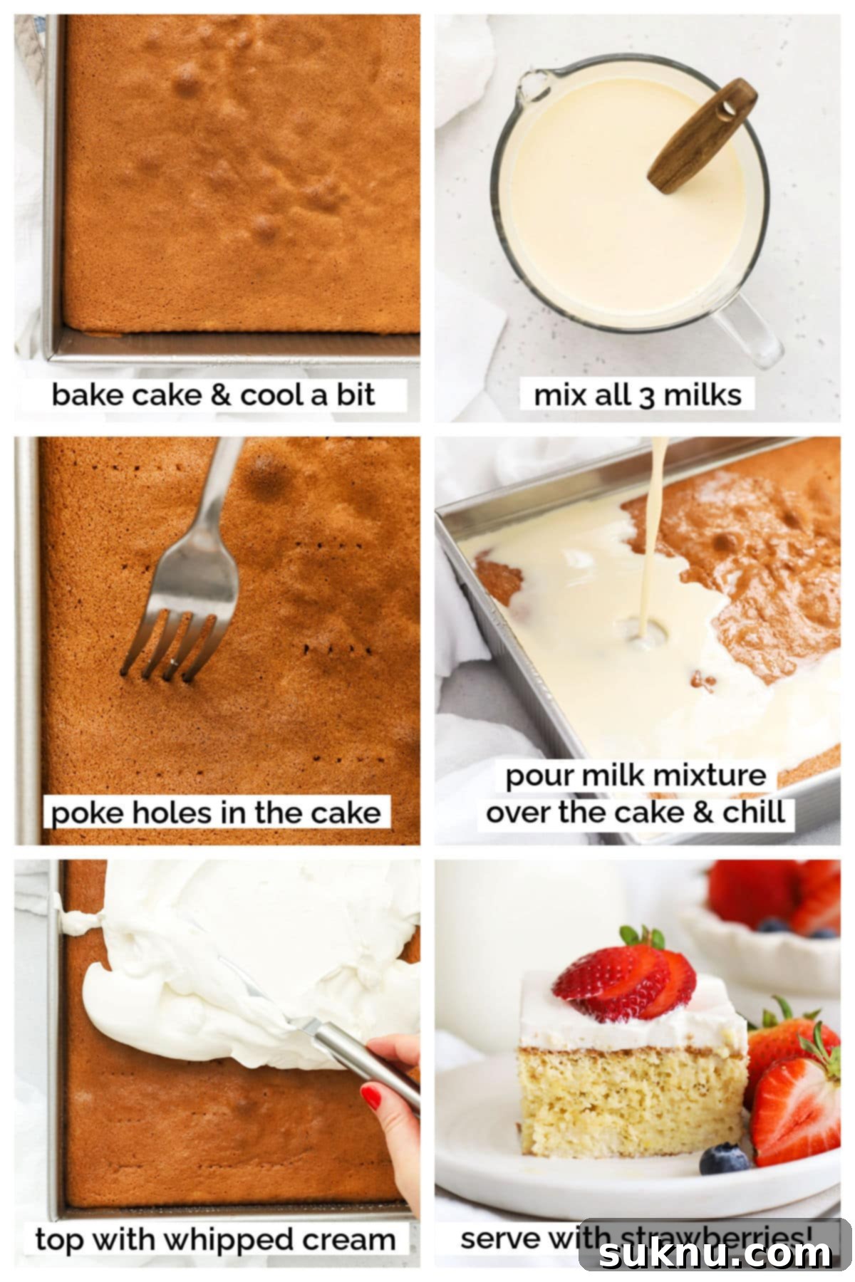 Gluten-free tres leches cake being poked extensively with a fork, preparing it for the milk soak.