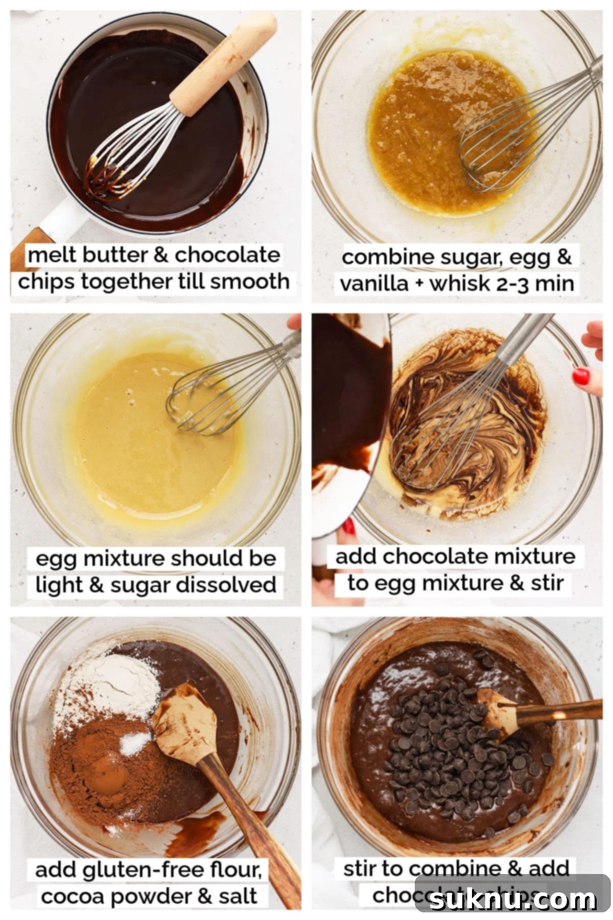 Step-by-step image of mixing gluten-free brownie batter, showing smooth chocolate and egg mixture.