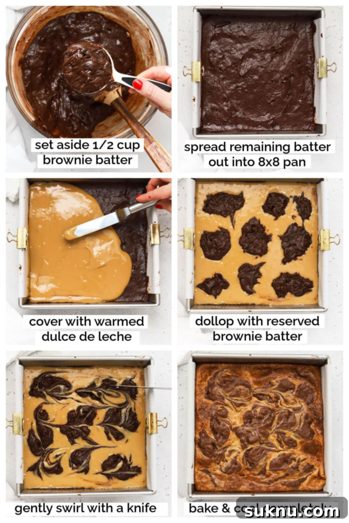 Layering gluten-free dulce de leche brownies, showing batter, dulce de leche, and final batter dollops.