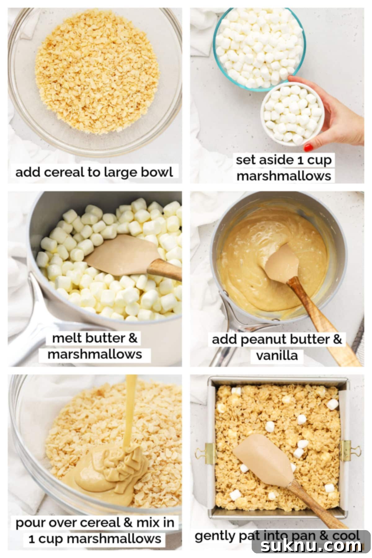 Step-by-step images showing the process of making peanut butter rice krispie treats