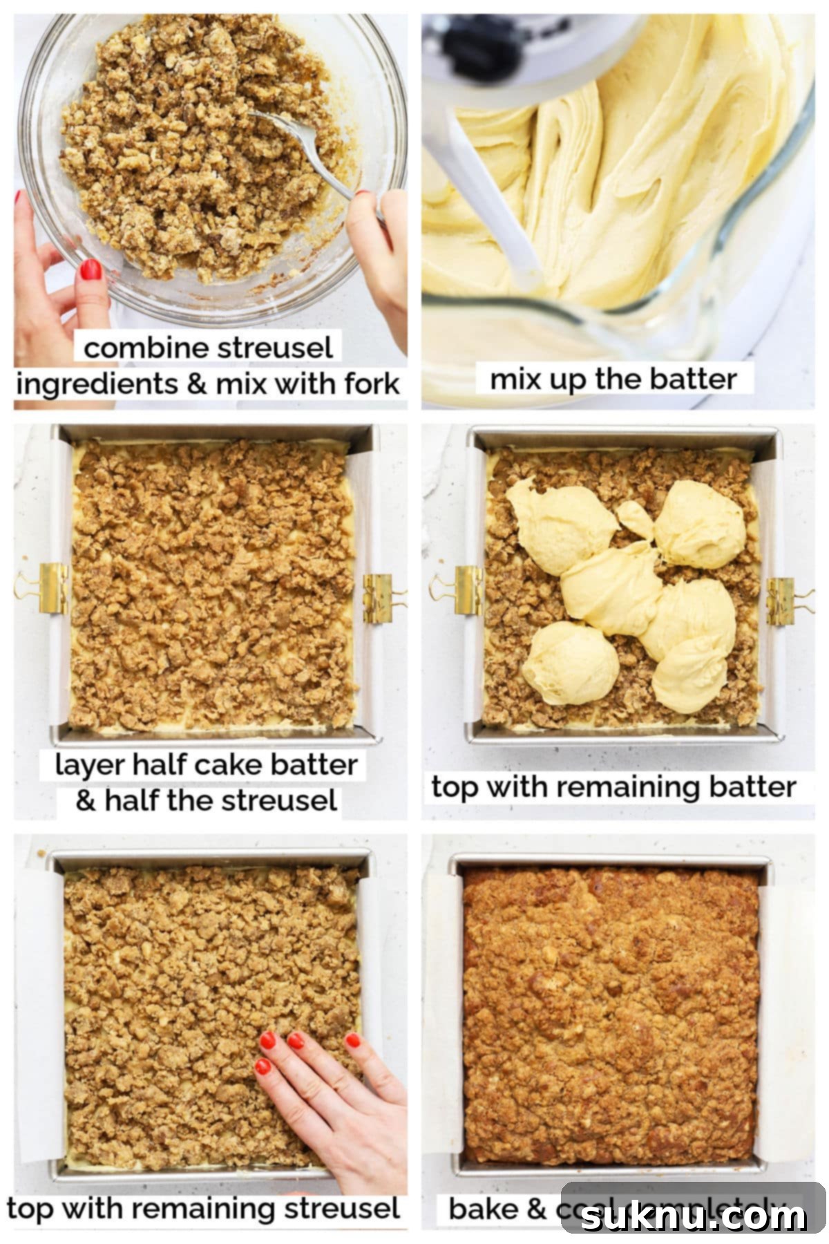 Step-by-step process of making gluten-free cinnamon coffee cake, showing ingredients mixing and layering.