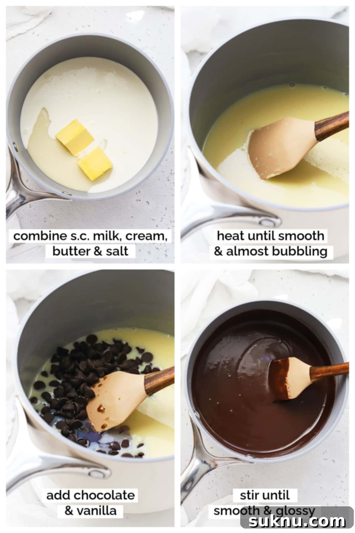 A saucepan on a stovetop, showing the milk mixture simmering gently, a key step in making homemade hot fudge sauce.