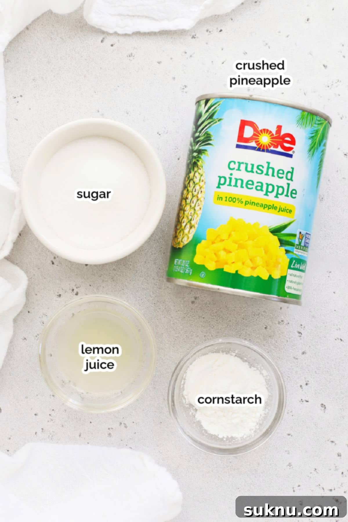 Ingredients for homemade pineapple ice cream topping, including crushed pineapple, sugar, lemon juice, and cornstarch