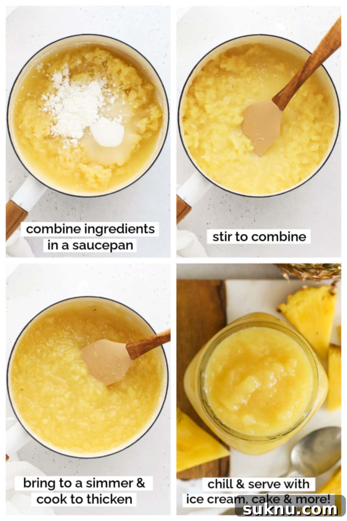 Step-by-step process of making homemade pineapple ice cream topping in a saucepan
