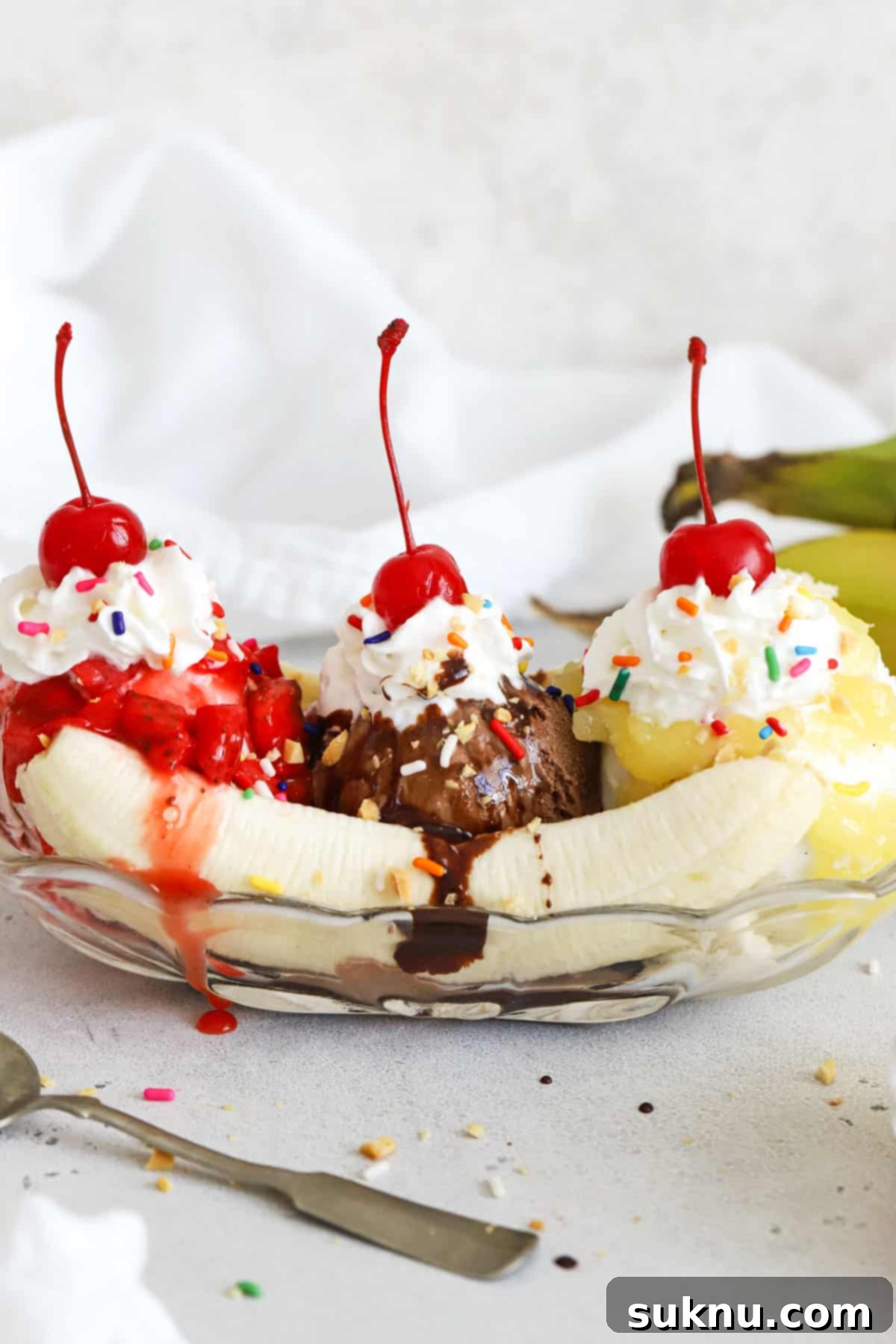old fashioned banana split in a glass banana split ice cream dish