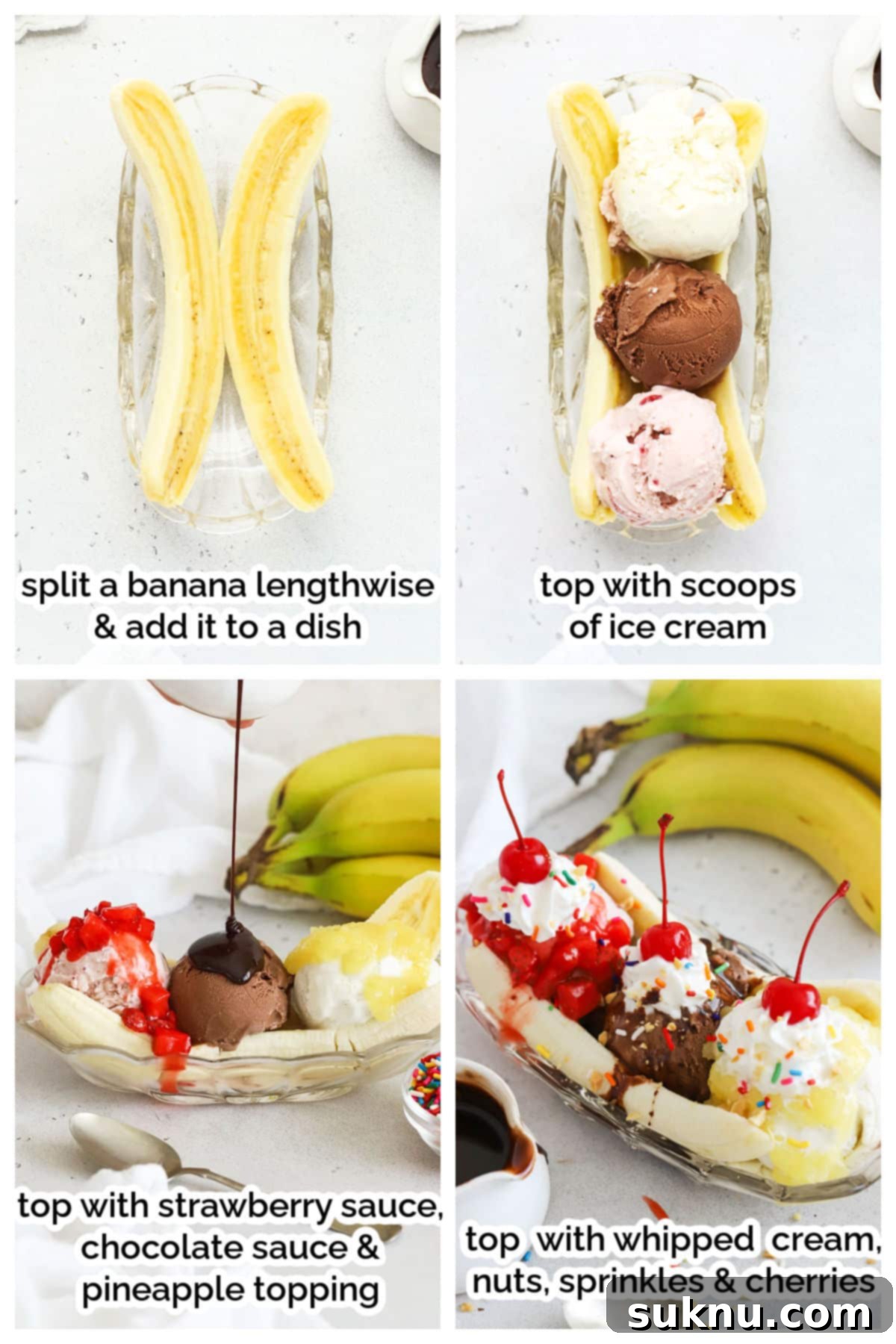 making a homemade banana split step by step