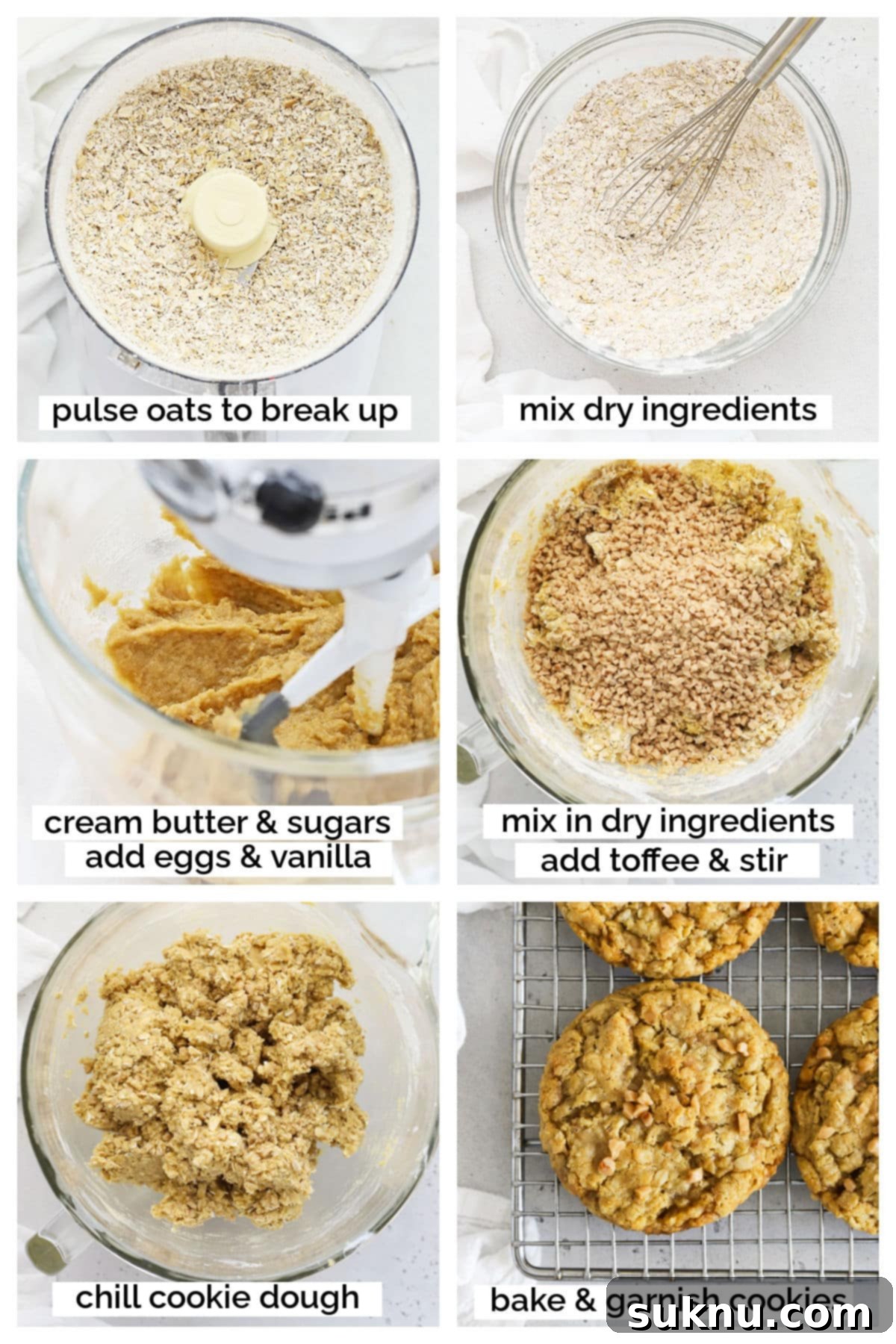 Chewy Gluten-Free Toffee Oatmeal Cookies 4 Step-by-step imagery of the cookie-making process: showing oats being pulsed, dry ingredients mixed, and butter and sugars being creamed in a stand mixer bowl for gluten-free oatmeal toffee cookies.