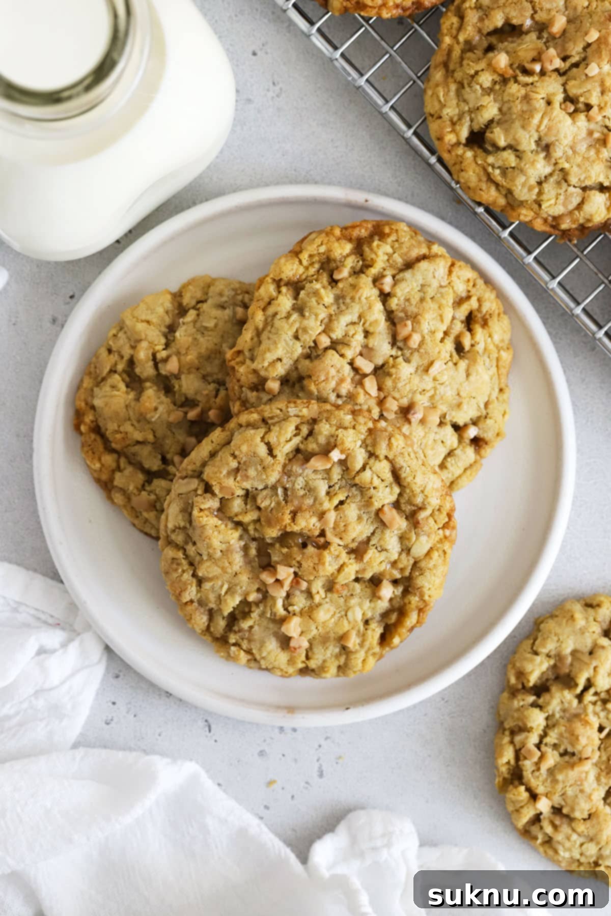 Chewy Gluten-Free Toffee Oatmeal Cookies 5 Two freshly baked gluten-free toffee cookies stacked on a white plate next to a glass bottle of milk, highlighting their inviting texture and golden color.