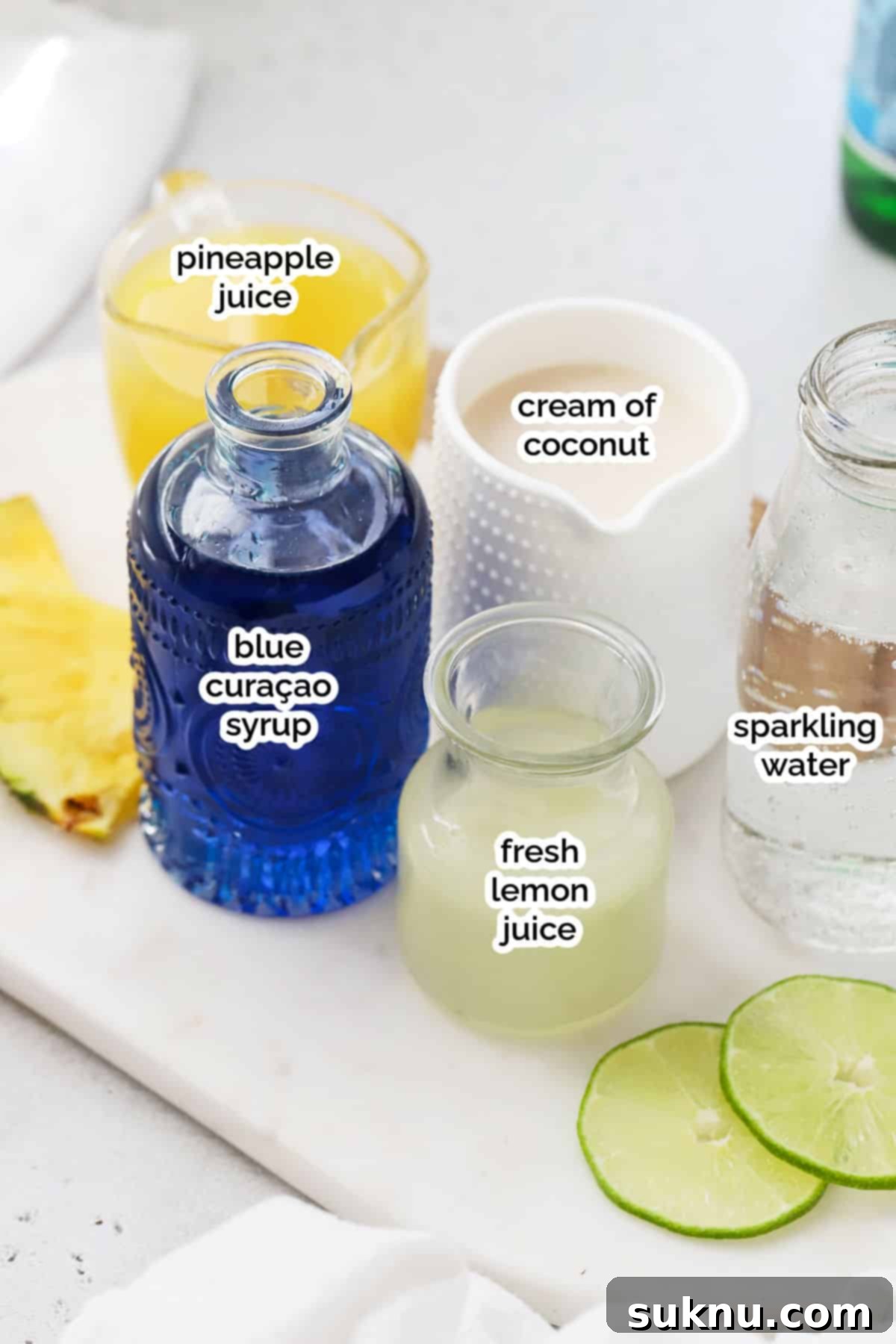 ingredients for a virgin blue hawaiian mocktail