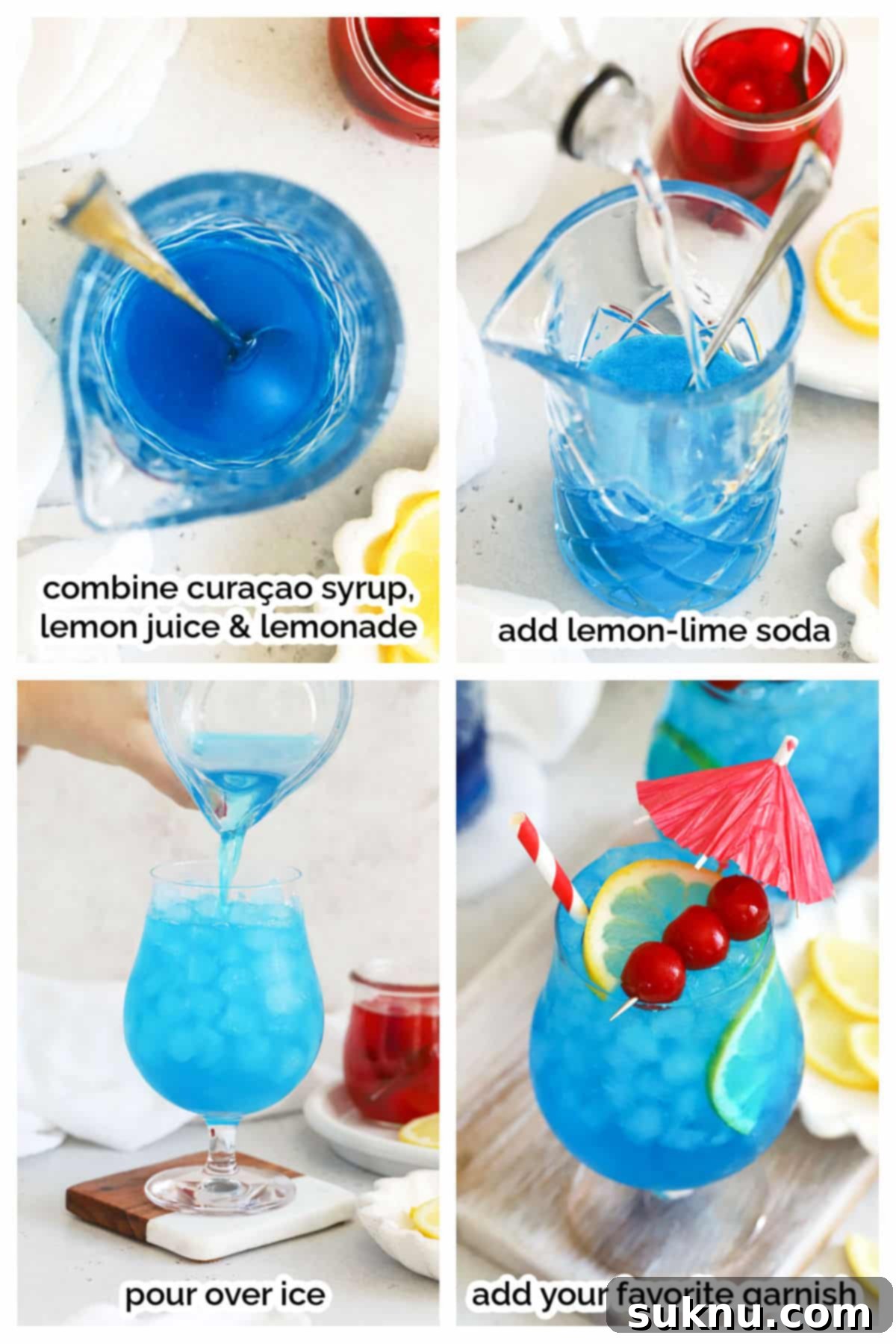 Azure Lagoon Cooler 4 Step-by-step imagery showing a hand pouring blue curaçao syrup into a glass with ice, followed by lemonade, demonstrating the making of a Blue Lagoon mocktail.