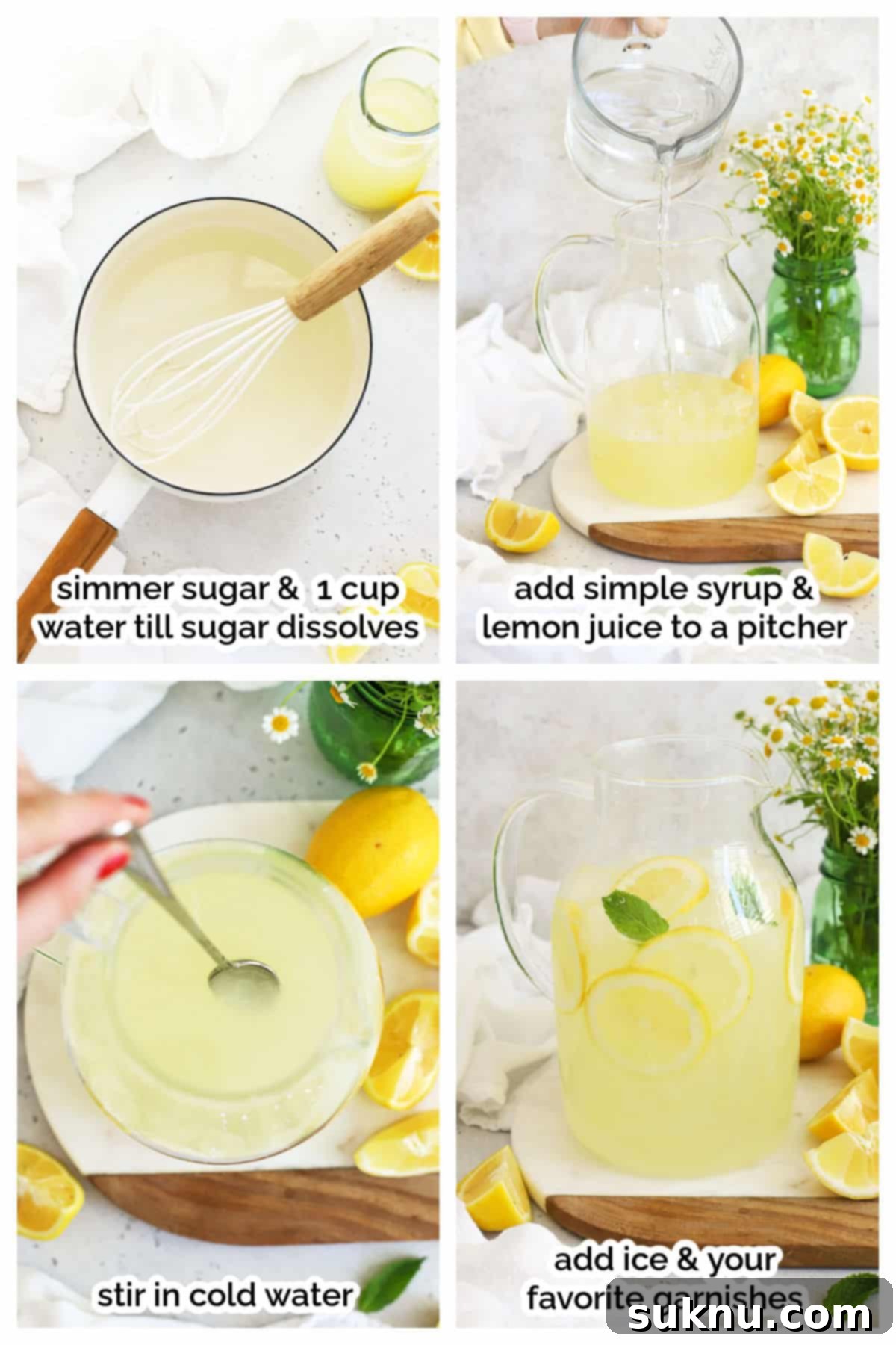 Refreshing Homemade Lemonade 4 A visual guide showing the process of making homemade lemonade step-by-step, including simmering simple syrup and combining ingredients in a pitcher.