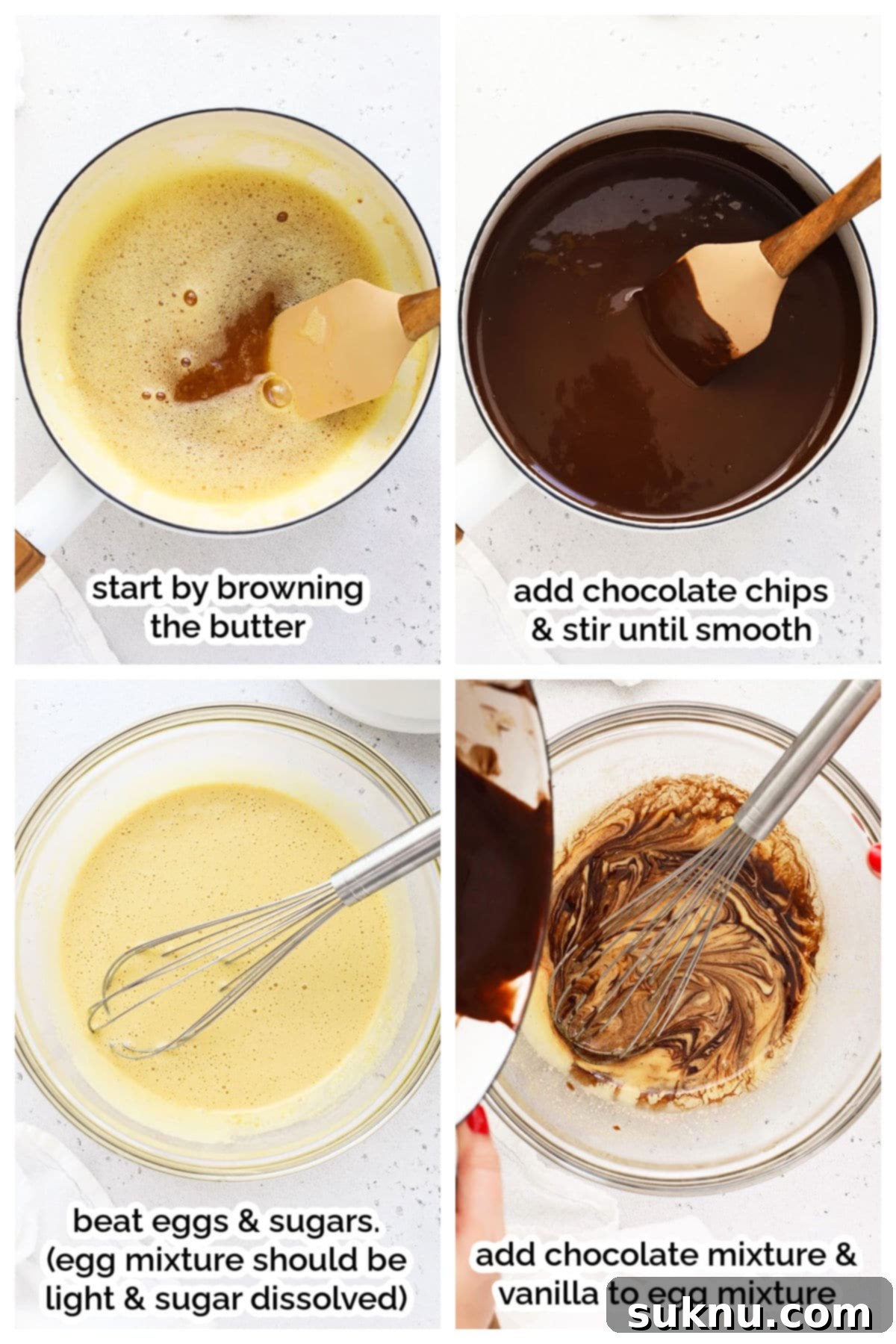 Decadent Gluten-Free Toffee Brownies 4 A visual guide showing butter browning, chocolate melting, and eggs being whipped with sugar – key stages in making gluten-free toffee brownies.