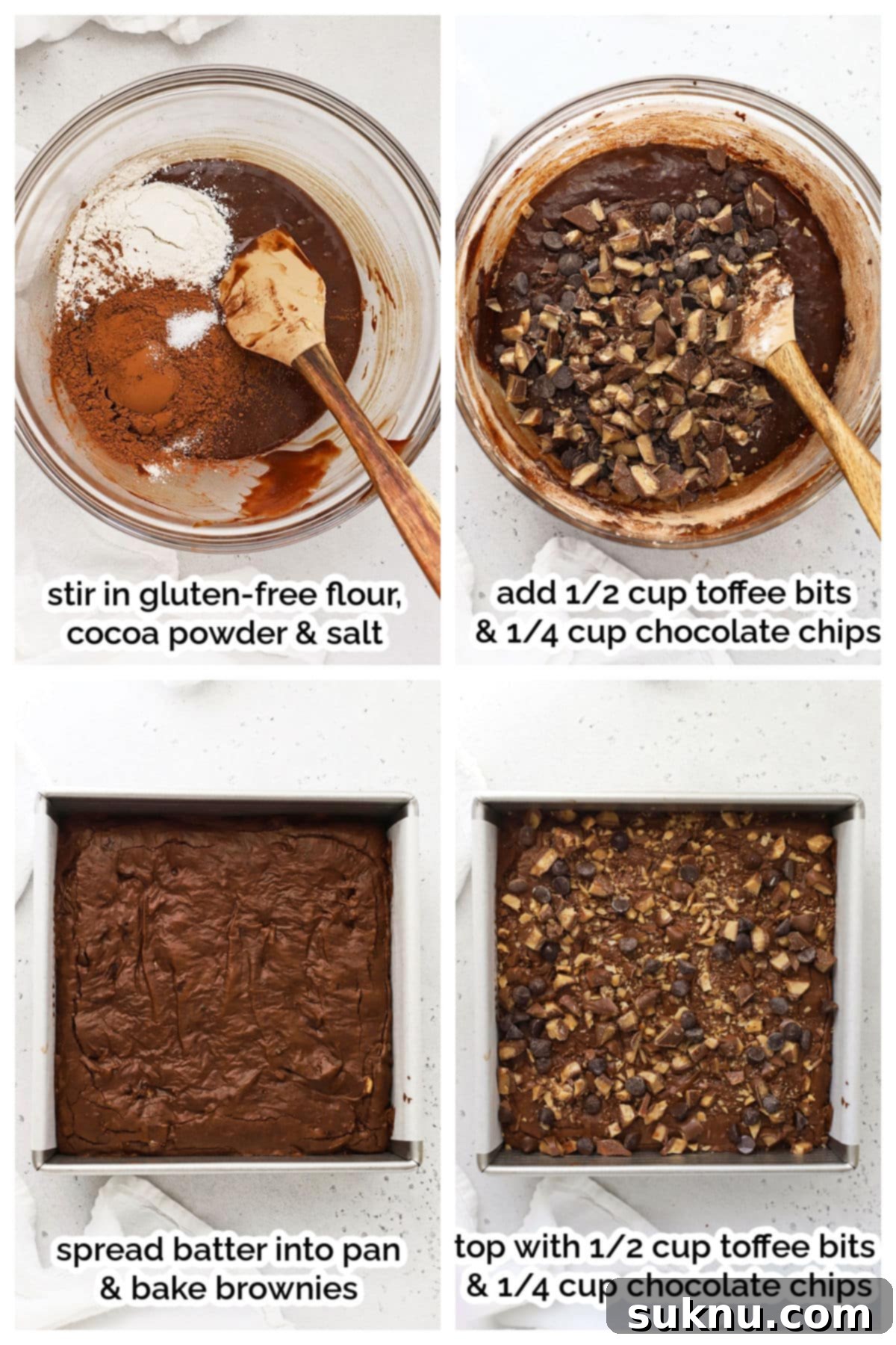 Decadent Gluten-Free Toffee Brownies 5 The process of adding dry ingredients, more chocolate chips, and chopped toffee bits into the rich brownie batter, making fudgy gluten-free toffee brownies.