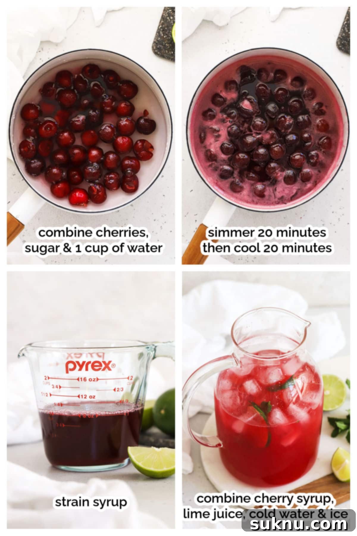 Step-by-step process of making homemade cherry limeade, showing the cherry syrup and fresh limes