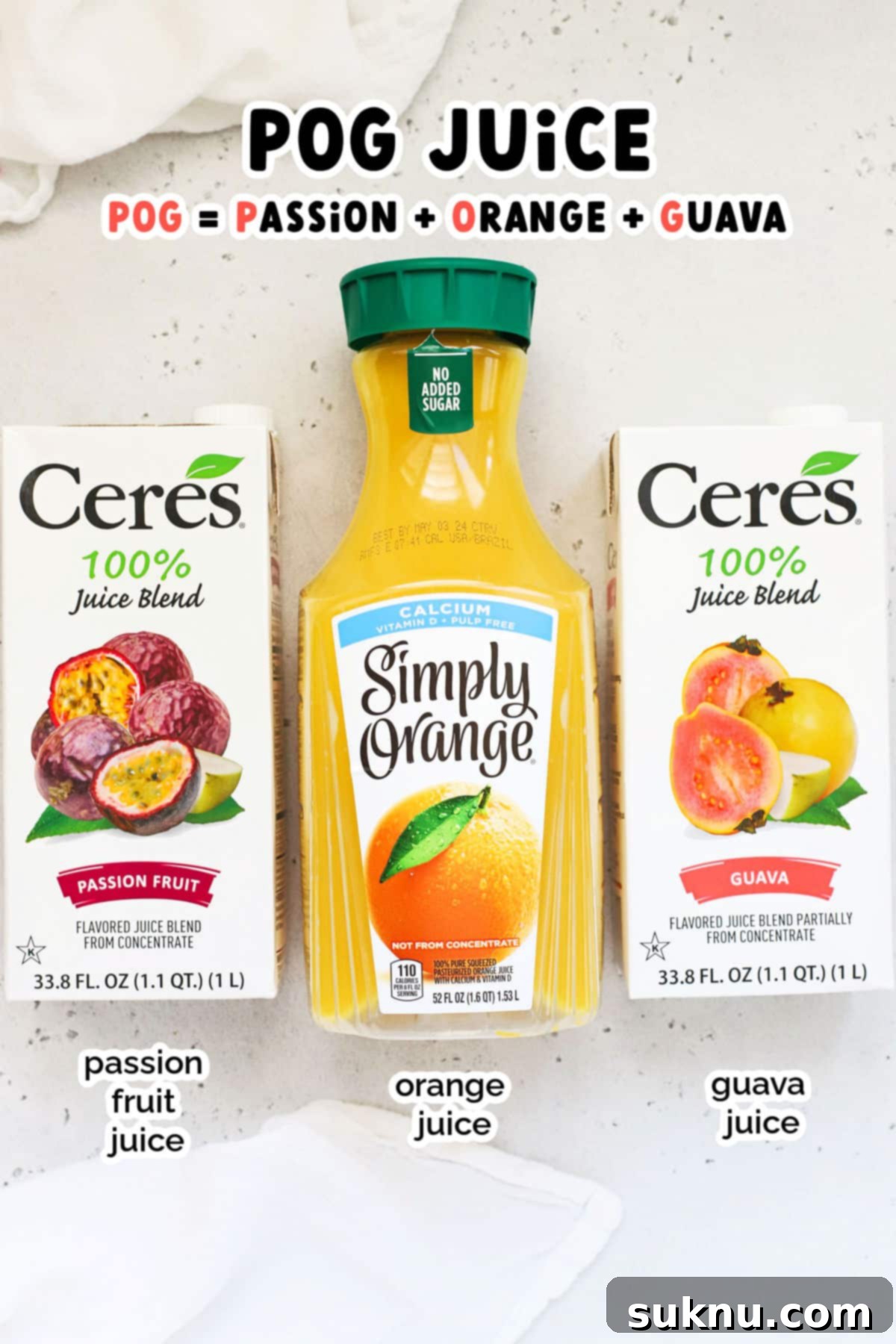 Three bottles of passion fruit, orange, and guava juice arranged as ingredients for POG juice
