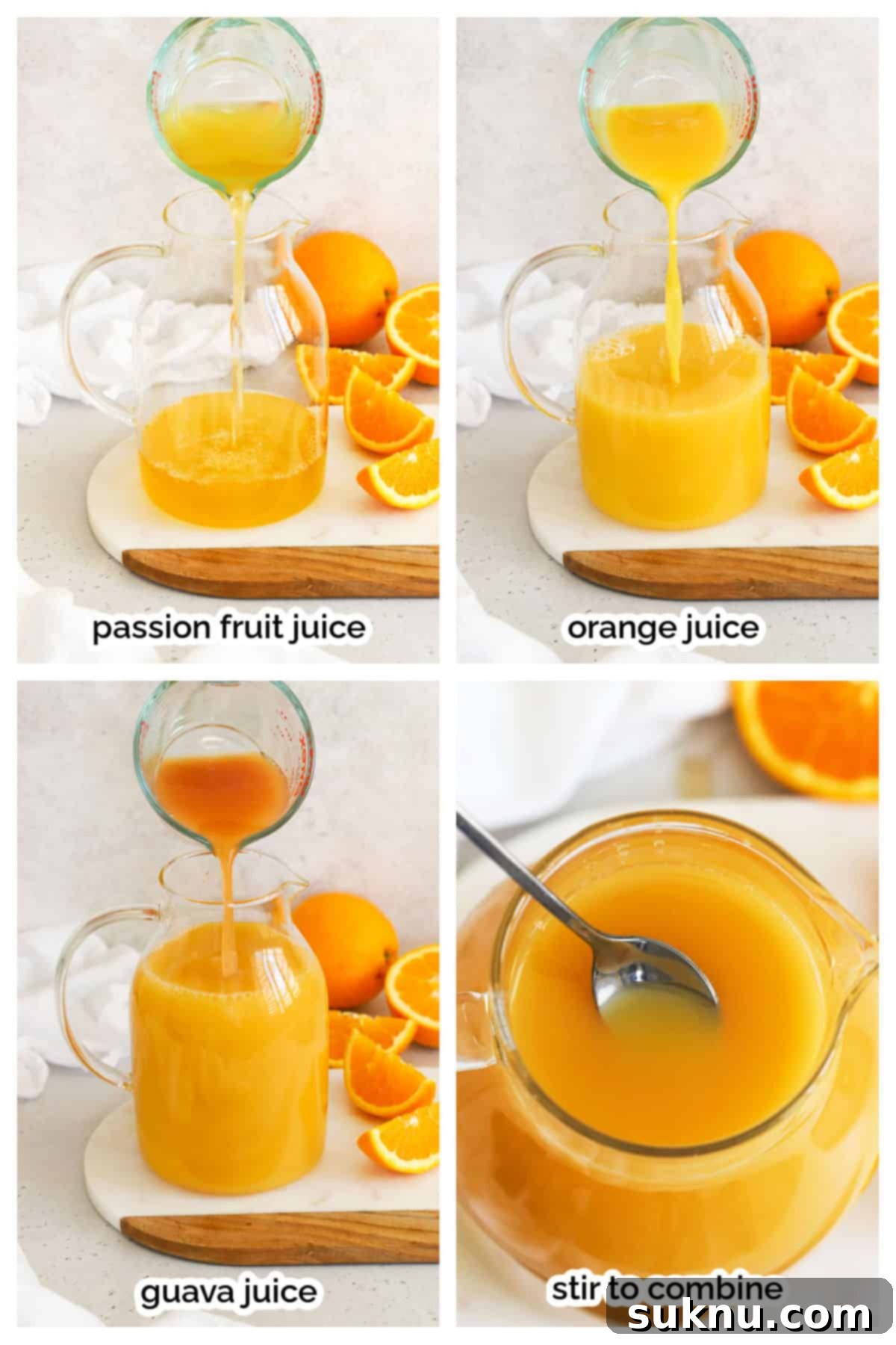 Step-by-step images showing how to combine ingredients for POG juice in a pitcher