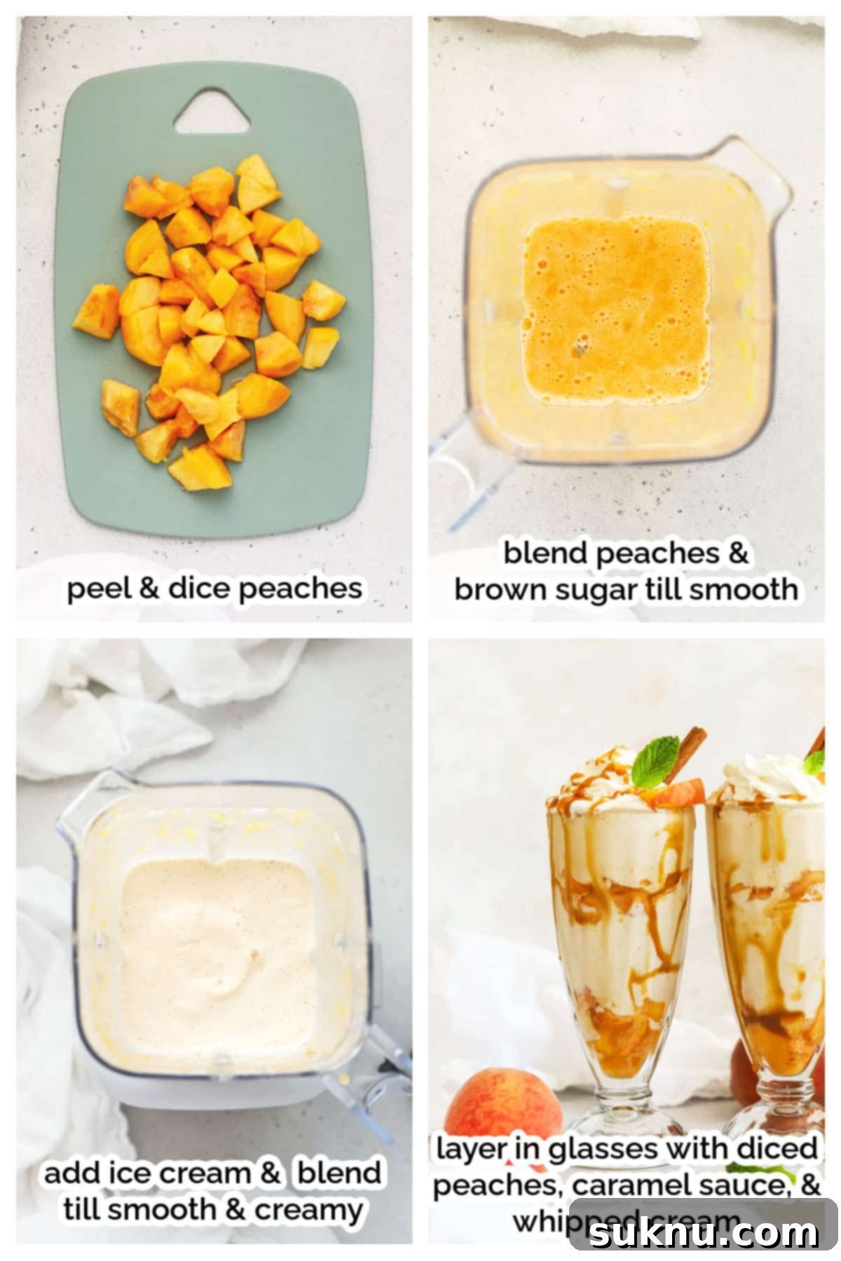 Peachy Dream Shake 4 Step-by-step images showing the process of making homemade peach milkshakes, from blending peaches to adding ice cream.