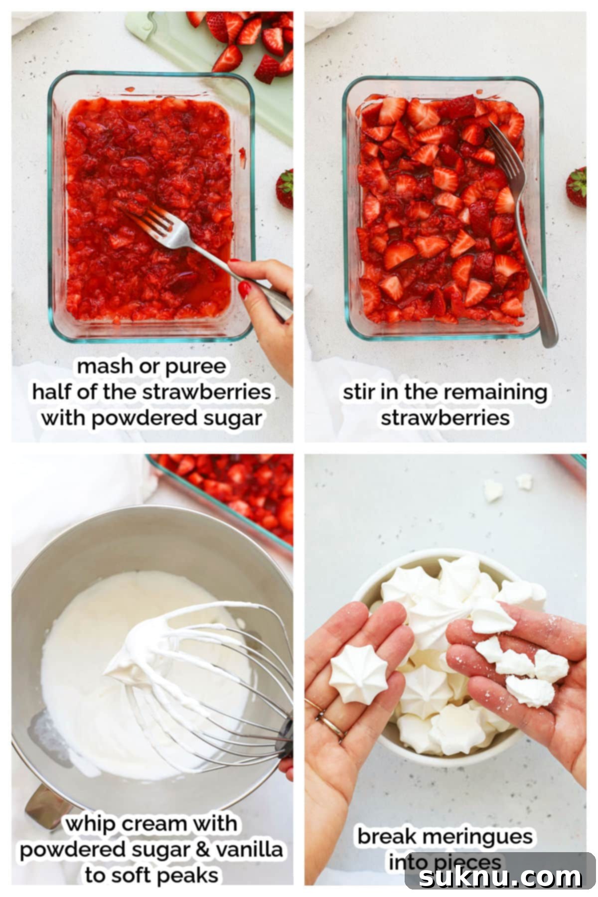 Step-by-step images showing strawberries being mashed, cream being whipped, and meringues being crushed for Eton Mess preparation