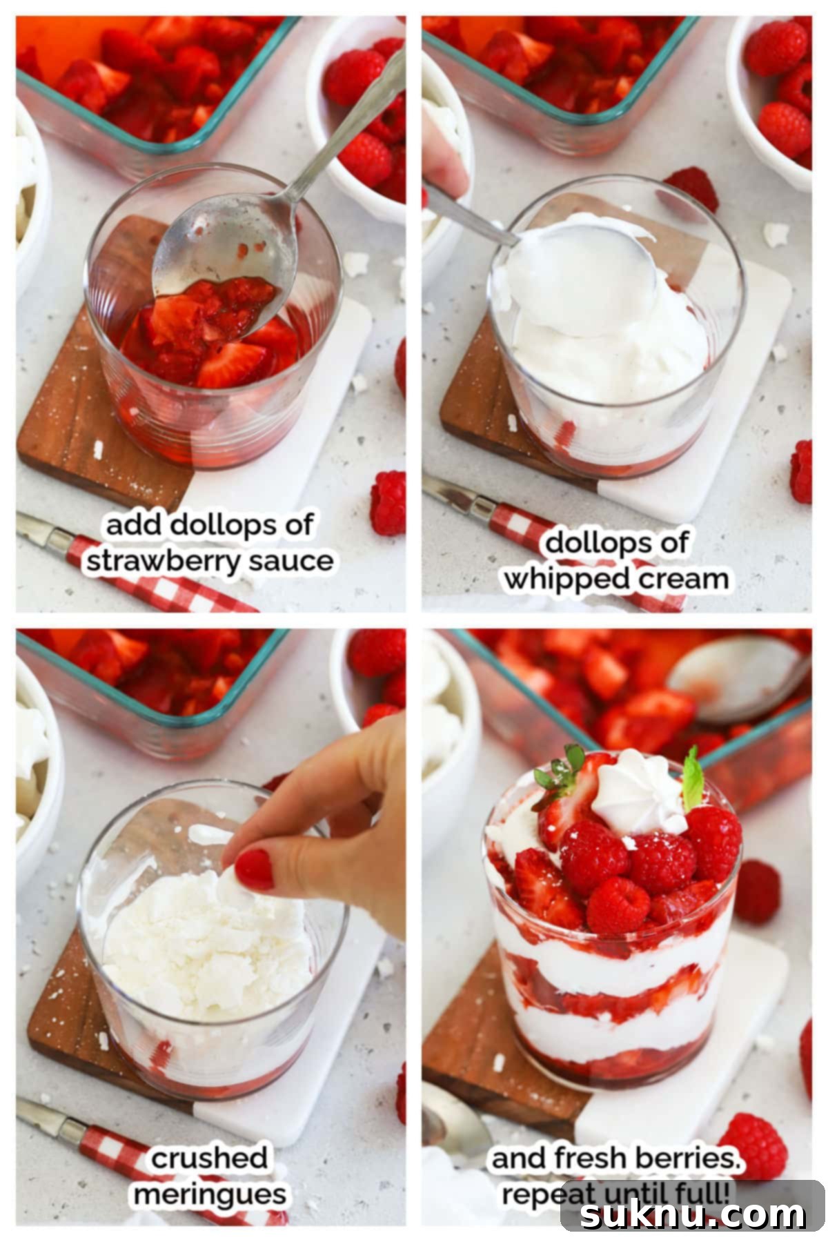 Assembling Strawberry Eton Mess in small clear glasses, showing layers of cream, berries, and meringues