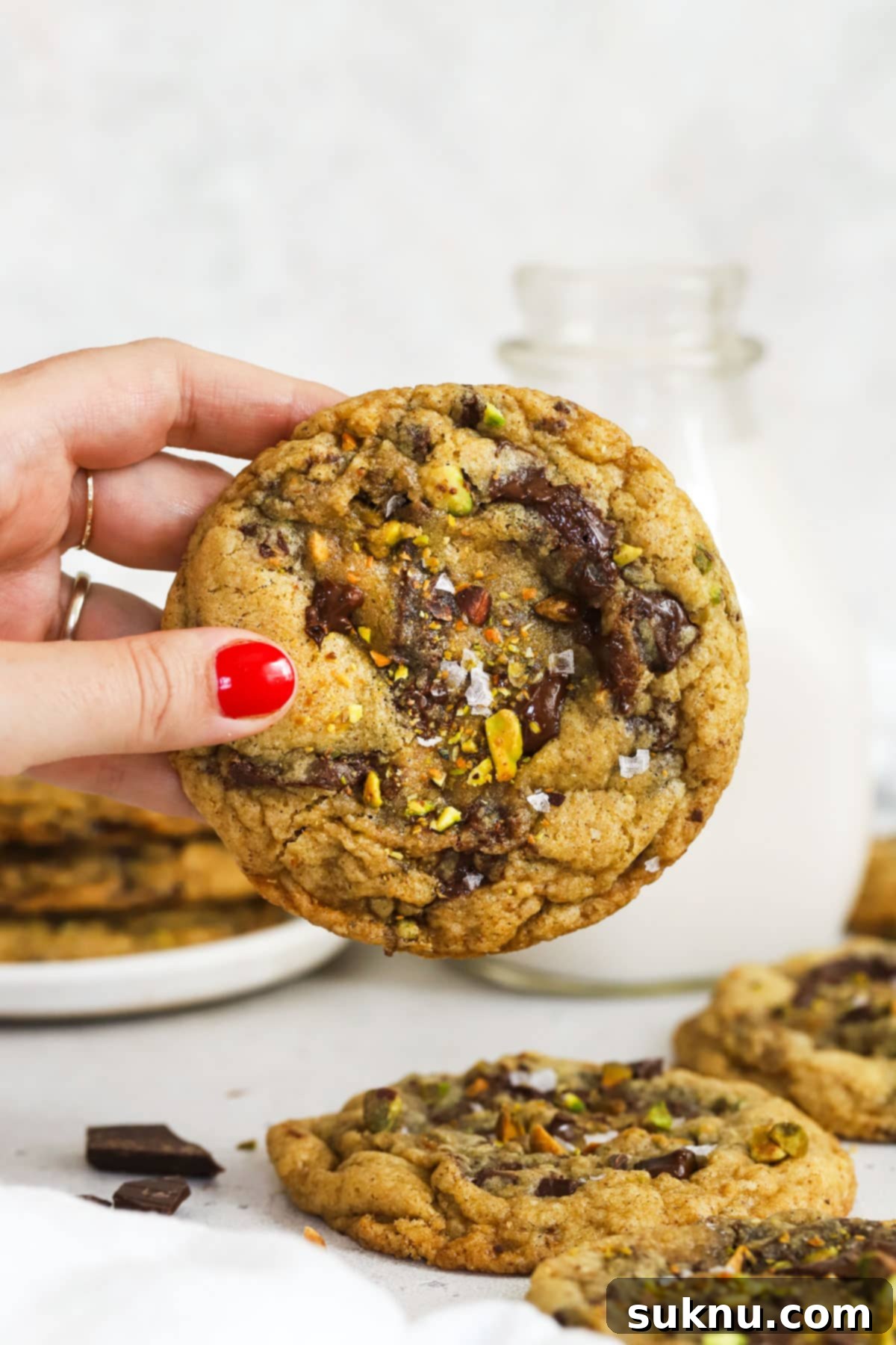 Pistachio Chocolate Chunk Gluten-Free Cookie Delights 2 hand holding a gluten-free brown butter chocolate chunk pistachio cookie