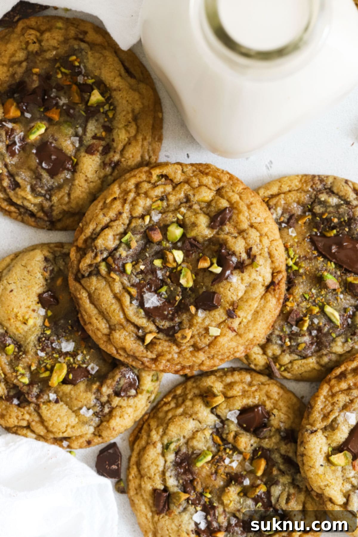 Pistachio Chocolate Chunk Gluten-Free Cookie Delights 5 gluten-free pistachio chocolate chunk cookies stacked next to a bottle of milk