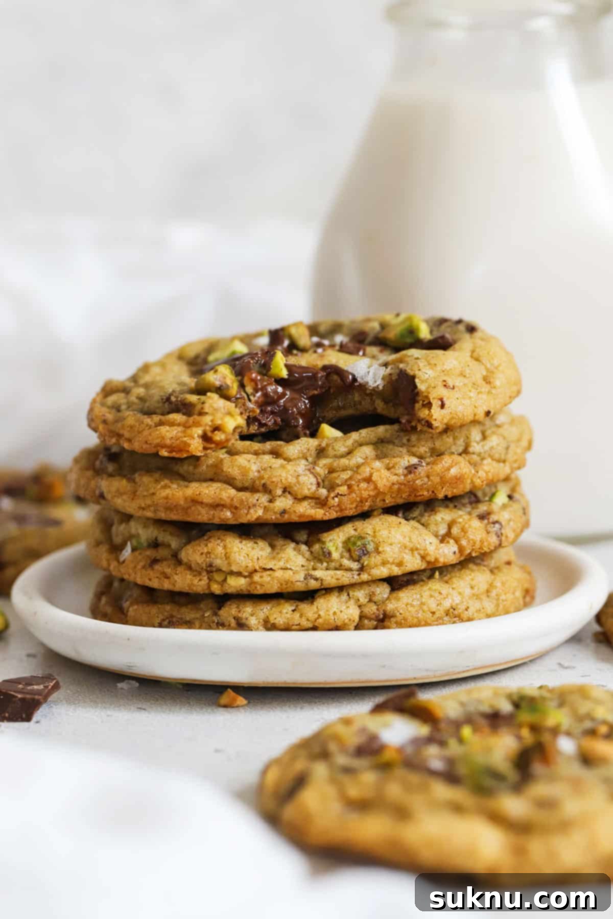 Pistachio Chocolate Chunk Gluten-Free Cookie Delights 6 gluten-free brown butter pistachio chocolate chunk cookies stacked on a white dessert plate