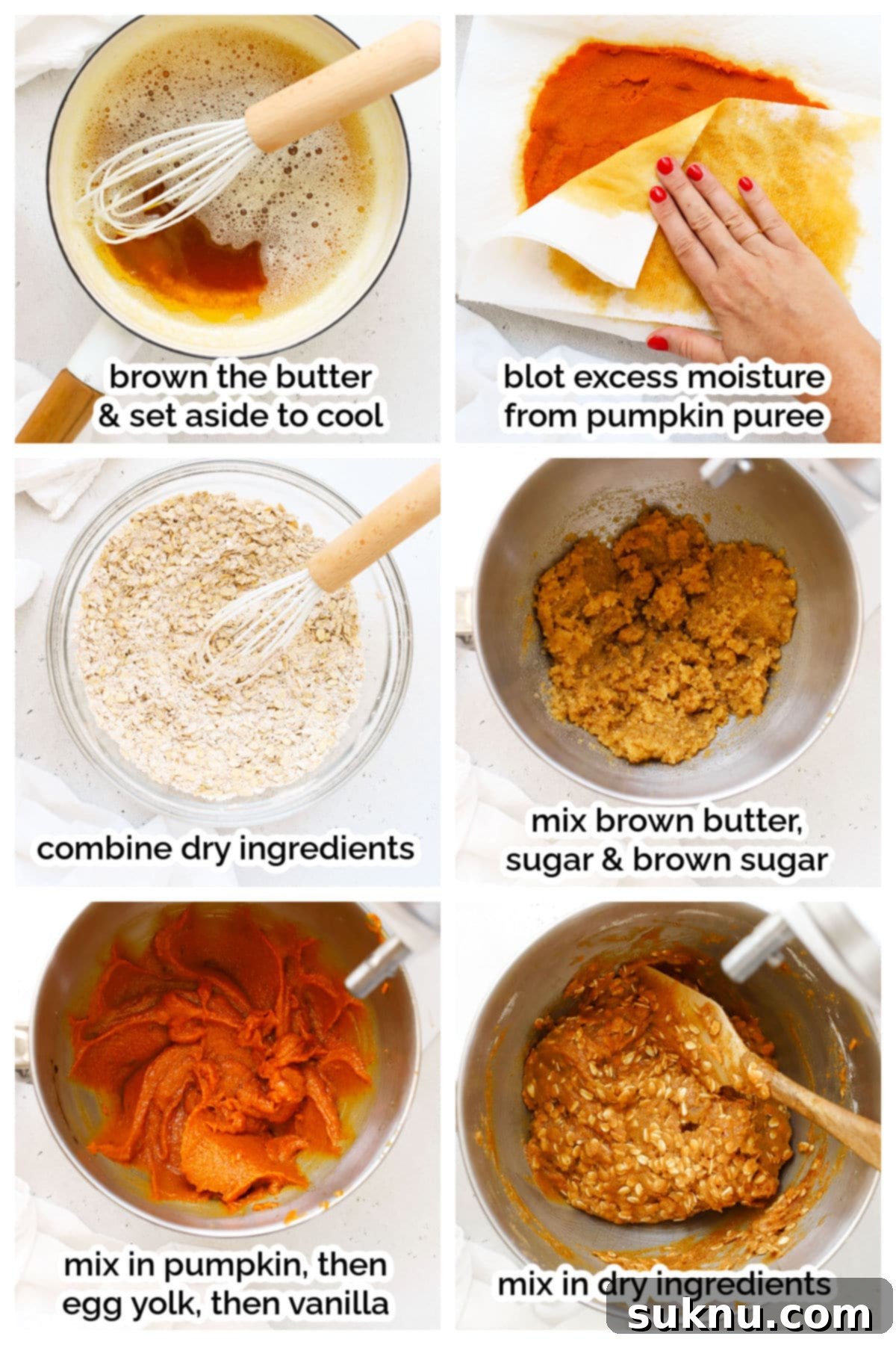 Autumn Spice Gluten-Free Pumpkin Oat Cookies 4 Step-by-step process of making gluten-free pumpkin oatmeal cookie dough, showing mixing and preparation stages.