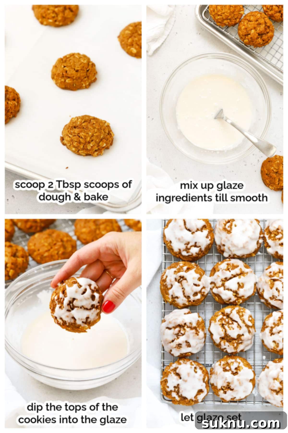 Autumn Spice Gluten-Free Pumpkin Oat Cookies 5 Glazing process of gluten-free pumpkin oatmeal cookies, showing a cookie being dipped into a smooth vanilla glaze.