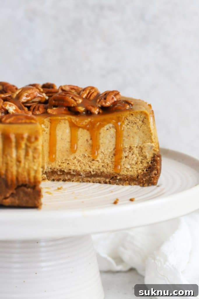 Autumn Spice Gluten-Free Pumpkin Oat Cookies 10 Front view of a decadent gluten-free pumpkin cheesecake with a few slices removed, revealing its creamy texture.
