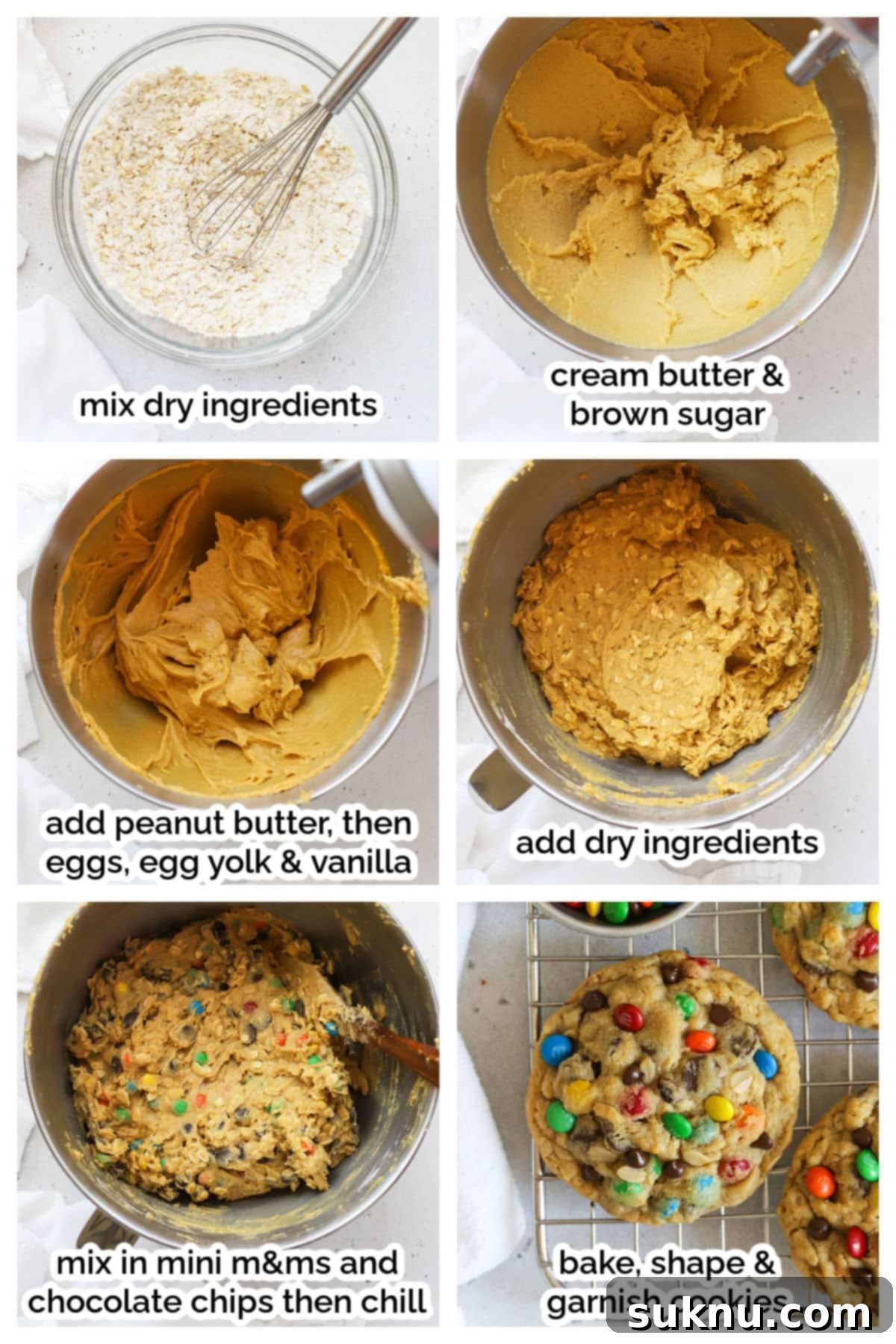 A step-by-step visual guide to making gluten-free monster cookies, showing dough being mixed and formed.
