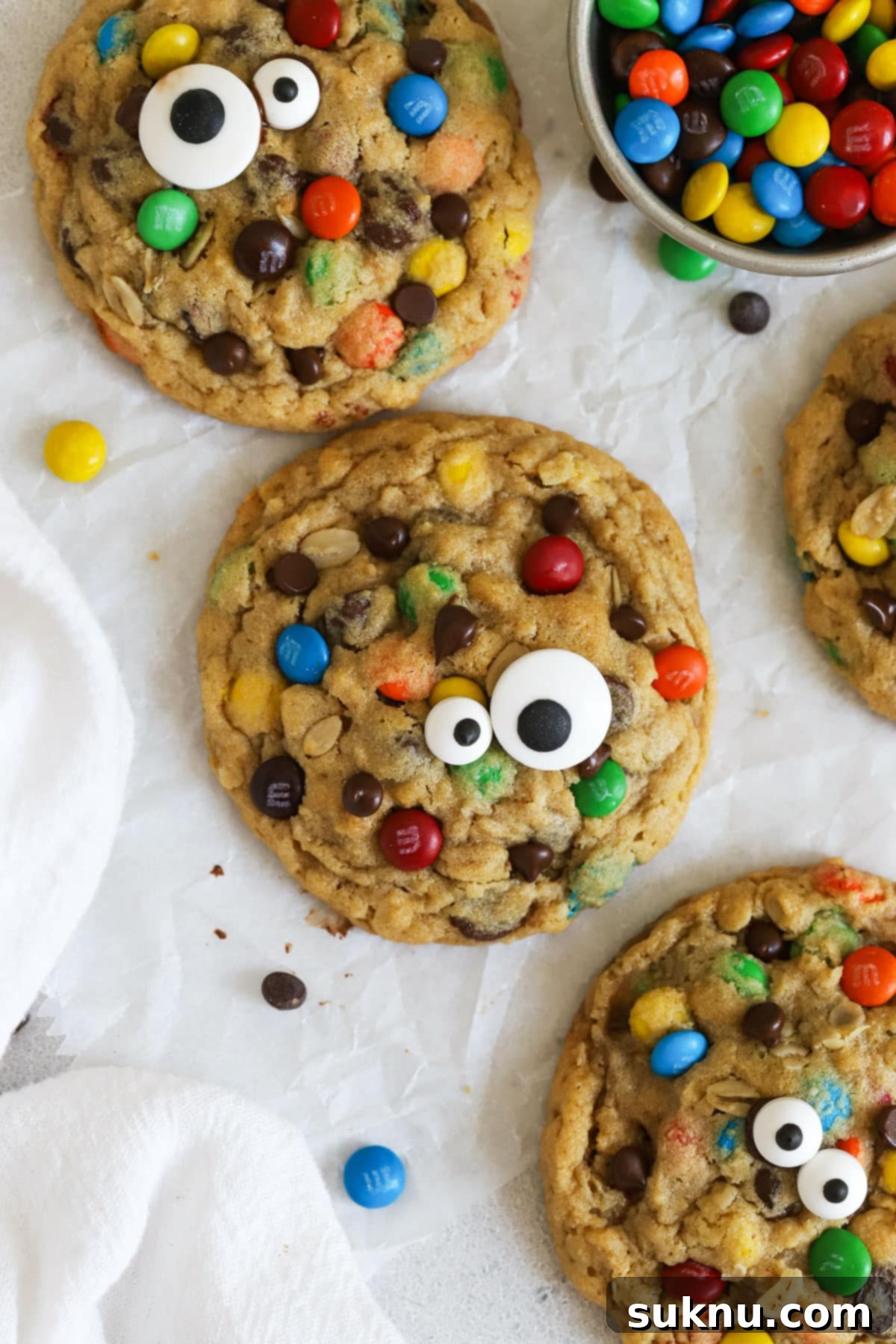 Gluten-free monster cookies adorned with playful googly eye sprinkles for Halloween.