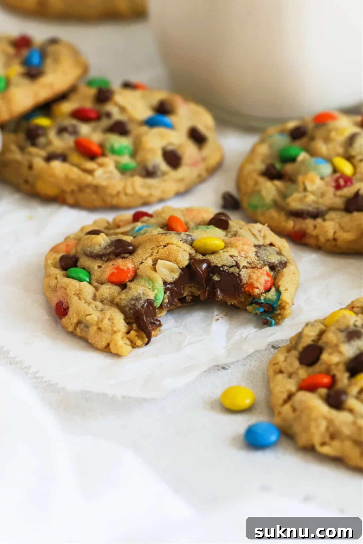 A gluten-free monster cookie with a bite taken out, showing its irresistible texture and mix-ins.