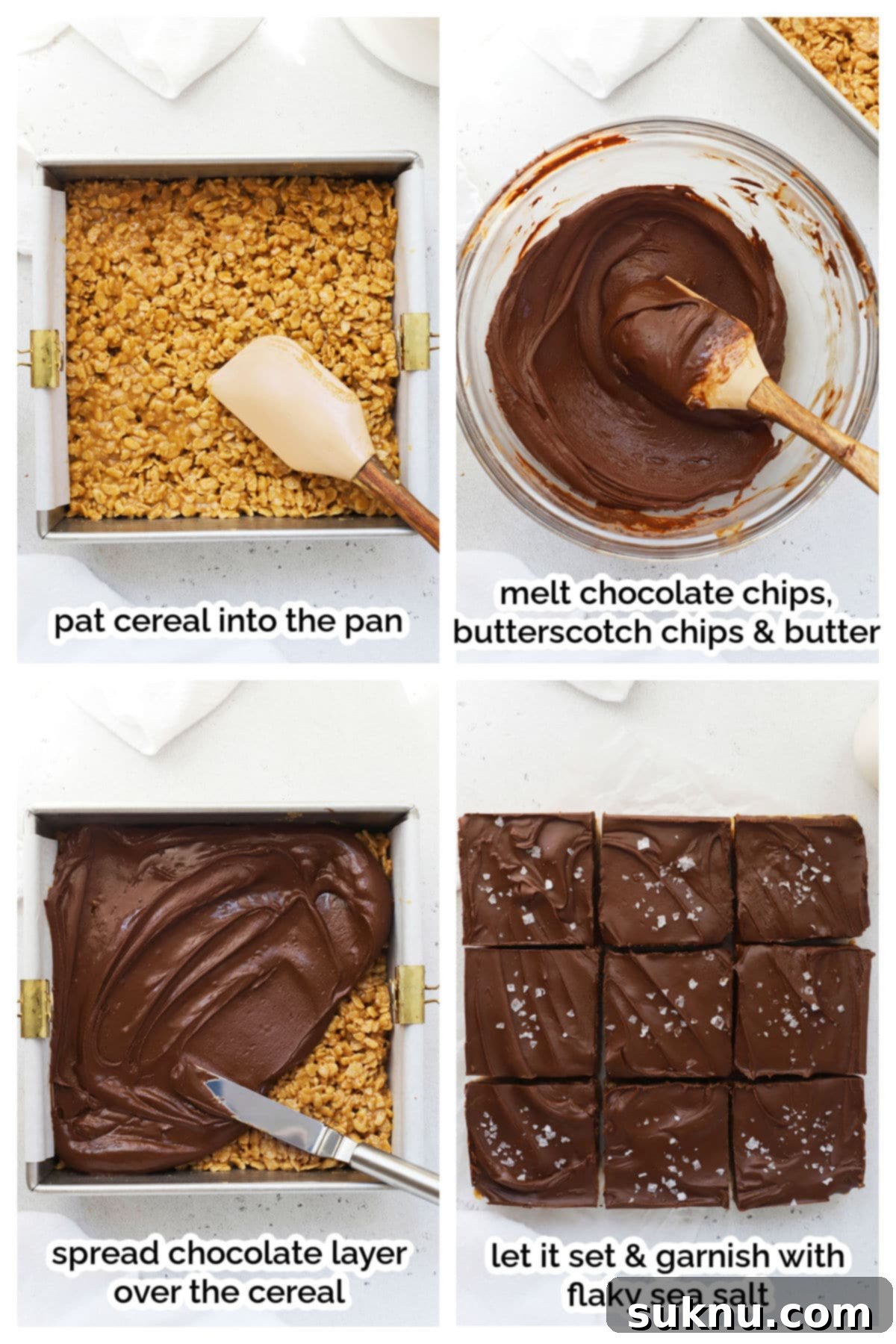 spreading chocolate on peanut butter rice krispies to make gluten-free scotcheroos