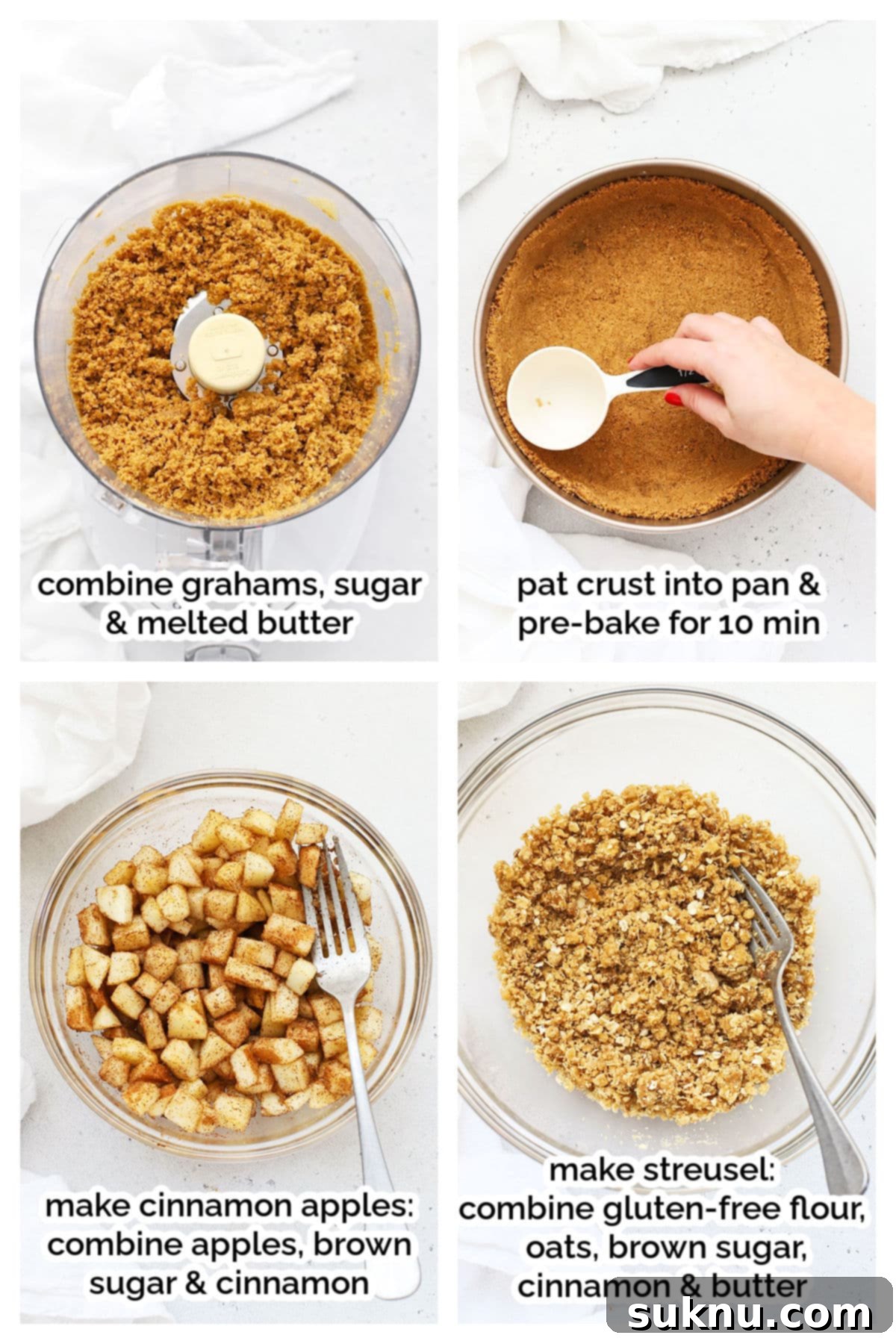 Preparing the gluten-free graham cracker crust, cinnamon apples, and brown sugar streusel for the caramel apple cheesecake.