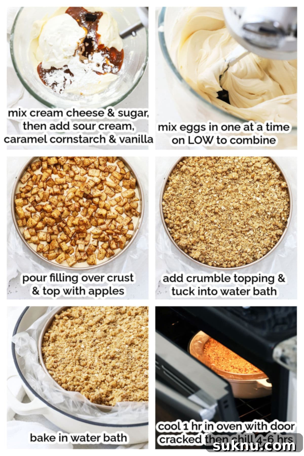 Step-by-step process of making a gluten-free caramel apple cheesecake, focusing on mixing the filling and layering.