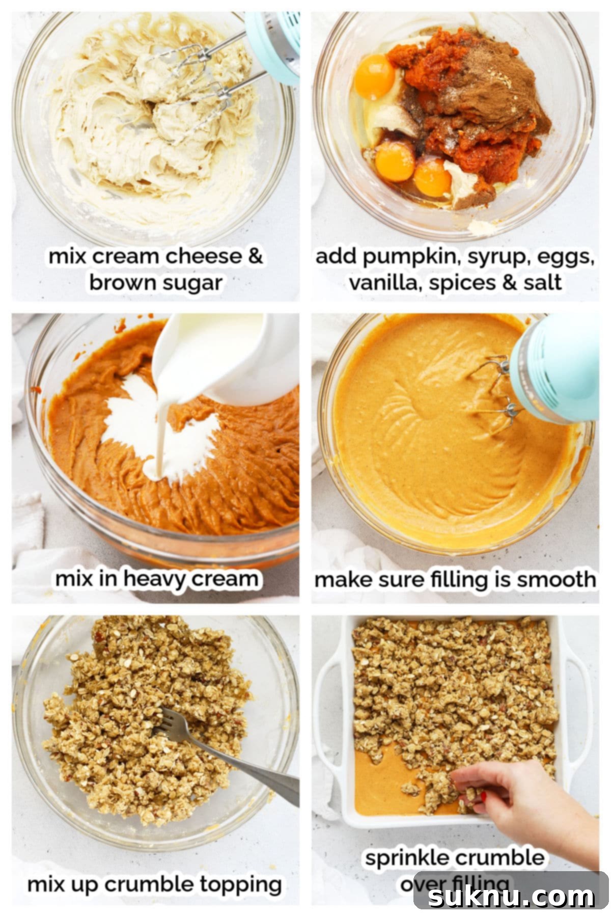 Cozy Gluten-Free Pumpkin Crisp 4 A step-by-step visual guide showing the process of making a gluten-free pumpkin crisp, from mixing ingredients to assembling layers.