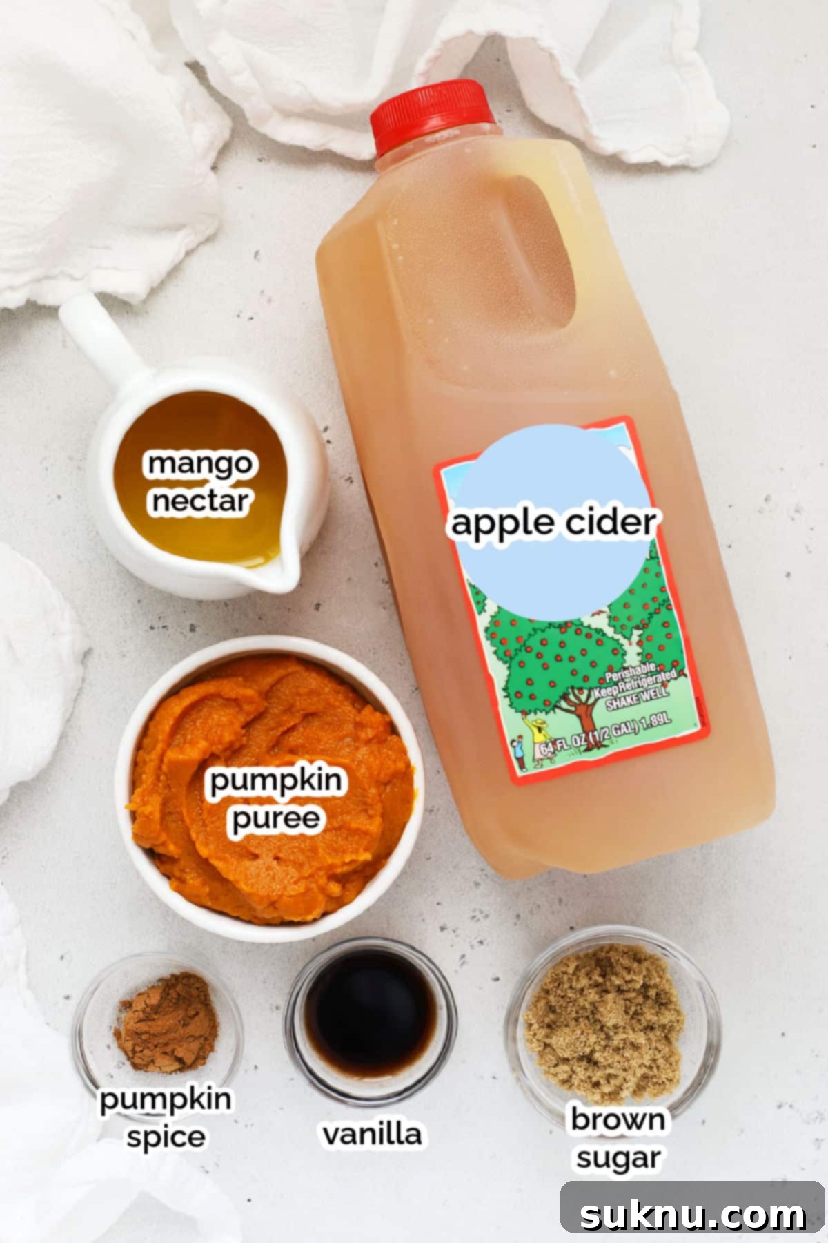 Enchanted Pumpkin Elixir 3 A collection of fresh and canned ingredients for making Harry Potter pumpkin juice, including pumpkin puree, apple cider, brown sugar, and spices, laid out on a rustic surface.