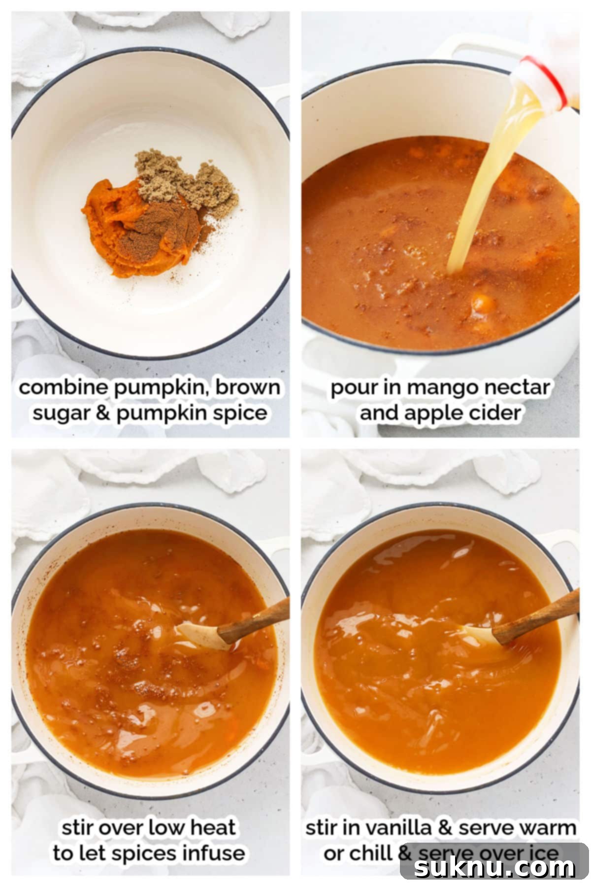 Enchanted Pumpkin Elixir 4 Step-by-step imagery showing the process of making pumpkin cider, from combining ingredients in a pot to gentle heating.