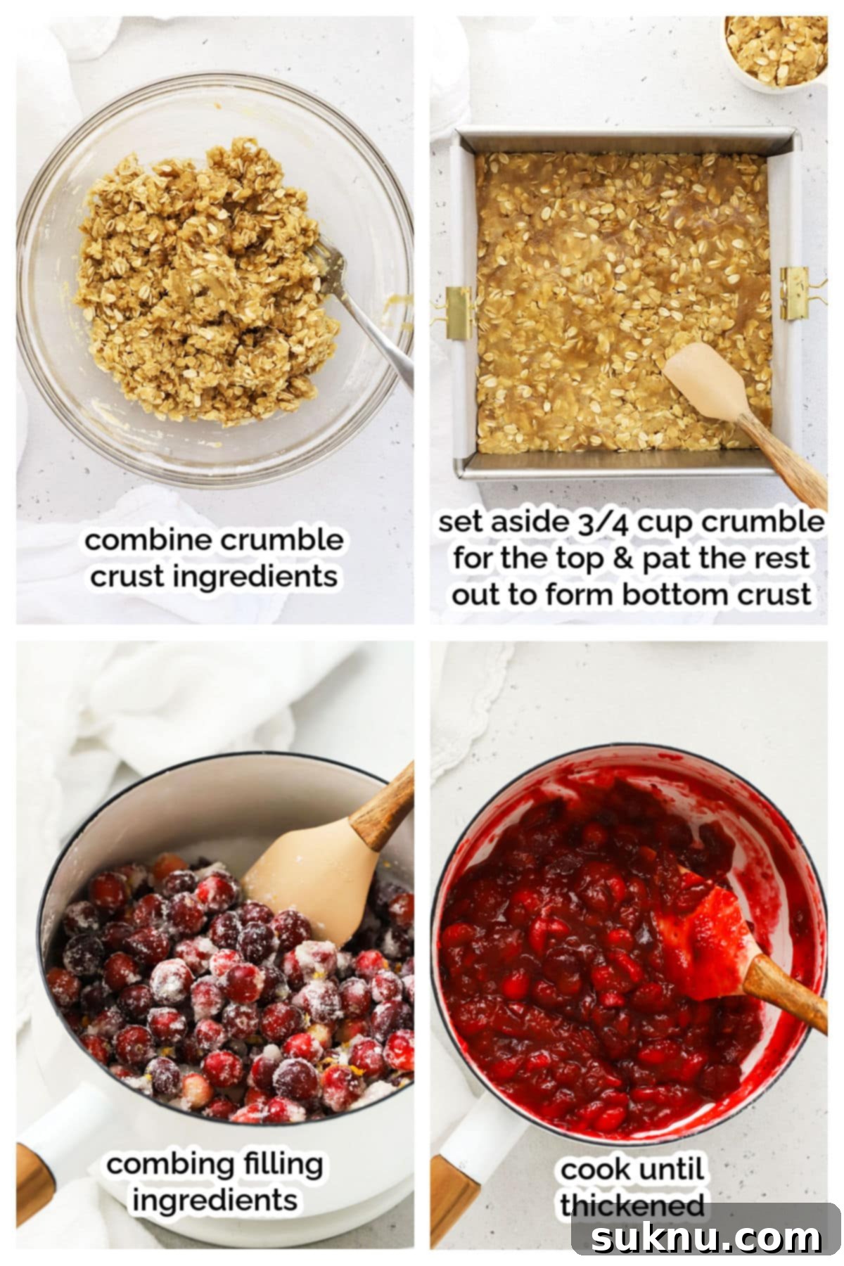 Step-by-step images showing the preparation of oatmeal crumble and cranberry filling layers for gluten-free cranberry bars.