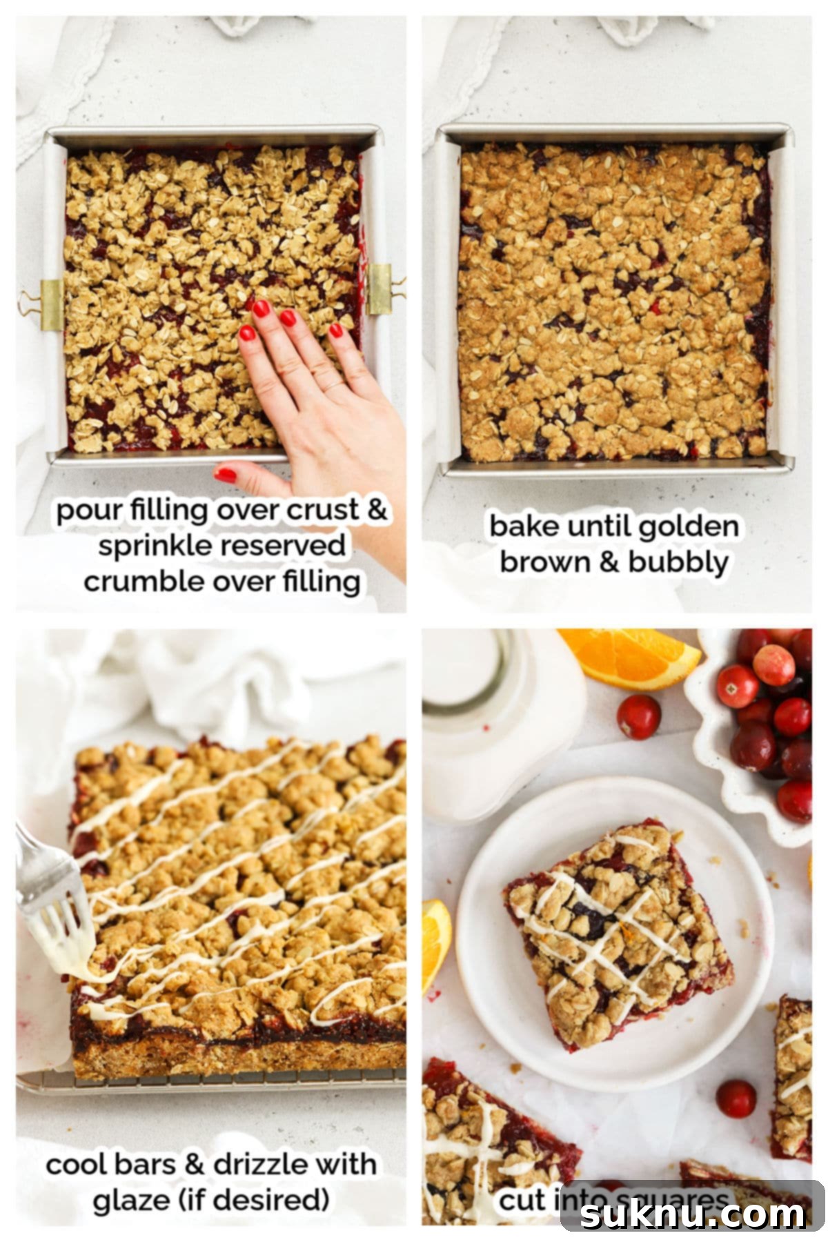Step-by-step images showing the baking and optional glazing of gluten-free cranberry crumble bars.
