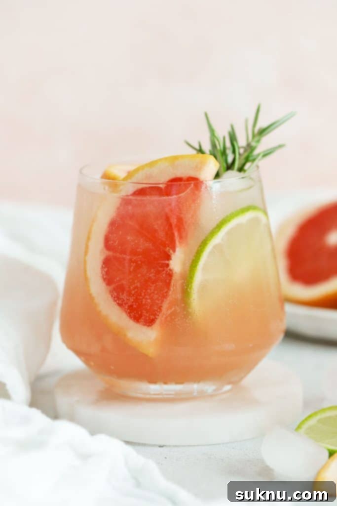 virgin paloma in stemless wine glass