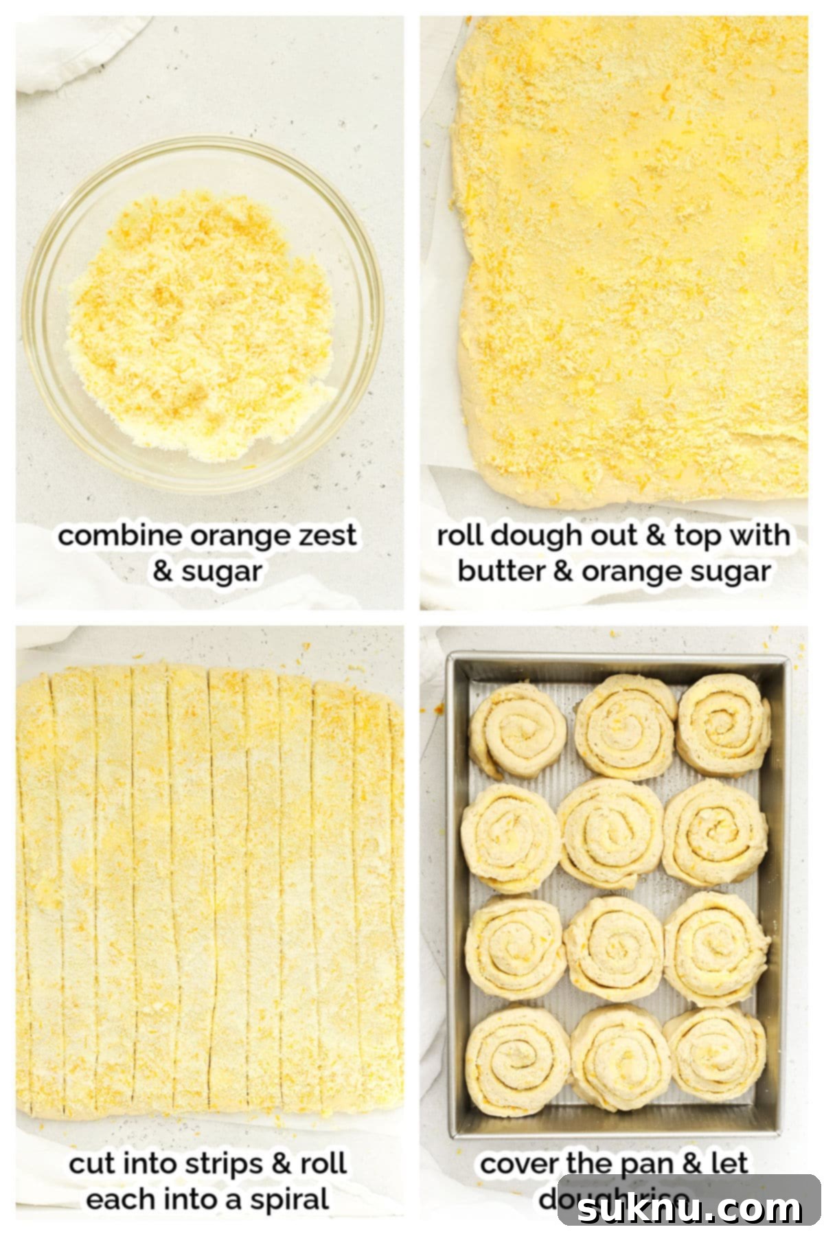 Hands rolling out gluten-free orange roll dough on parchment paper, illustrating the shaping process.