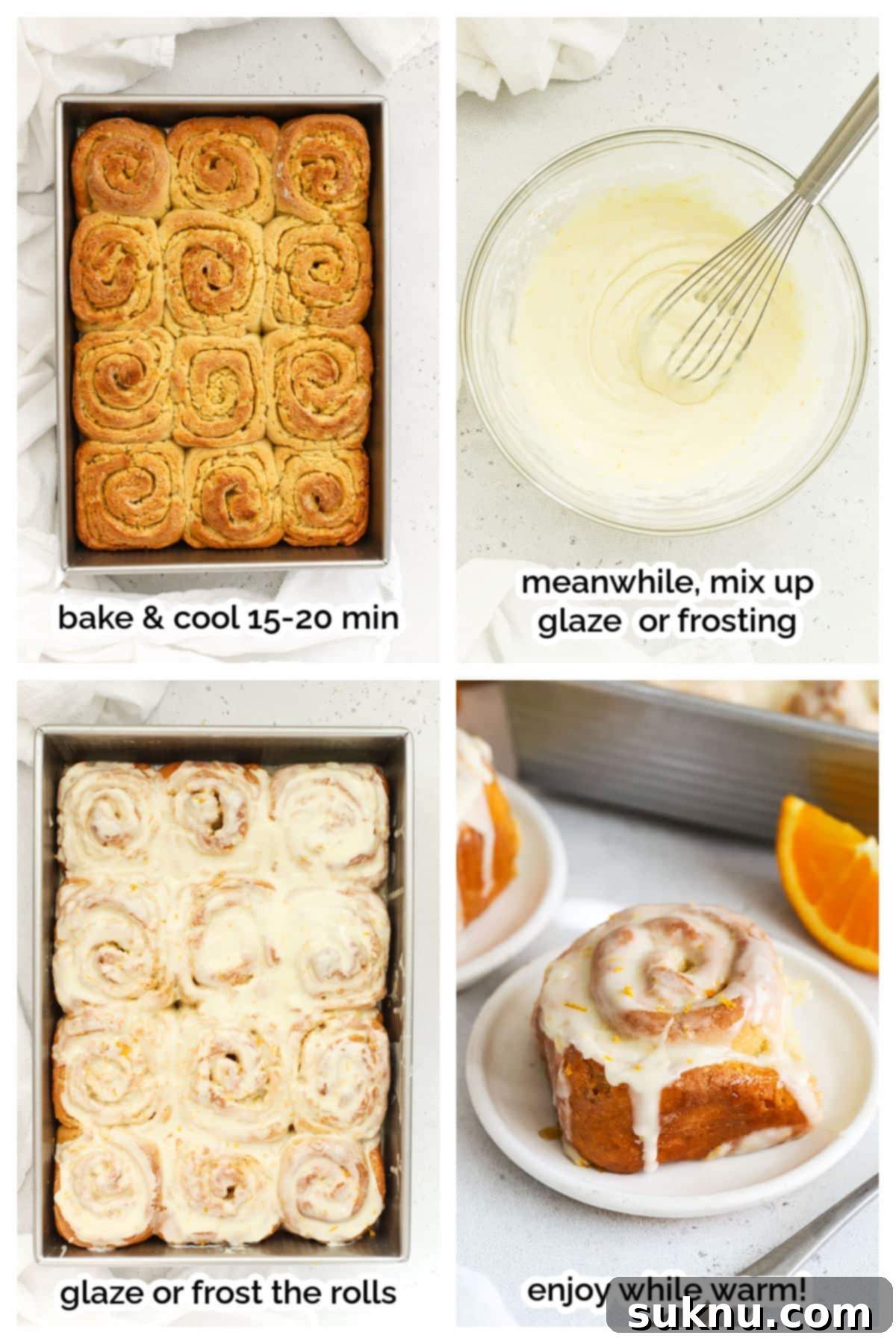 Hands drizzling orange glaze over warm gluten-free orange rolls in a baking pan.