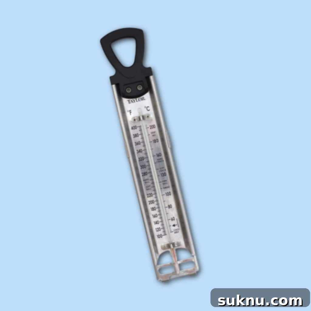 A reliable candy thermometer submerged in a blue background, essential for precise candy making.