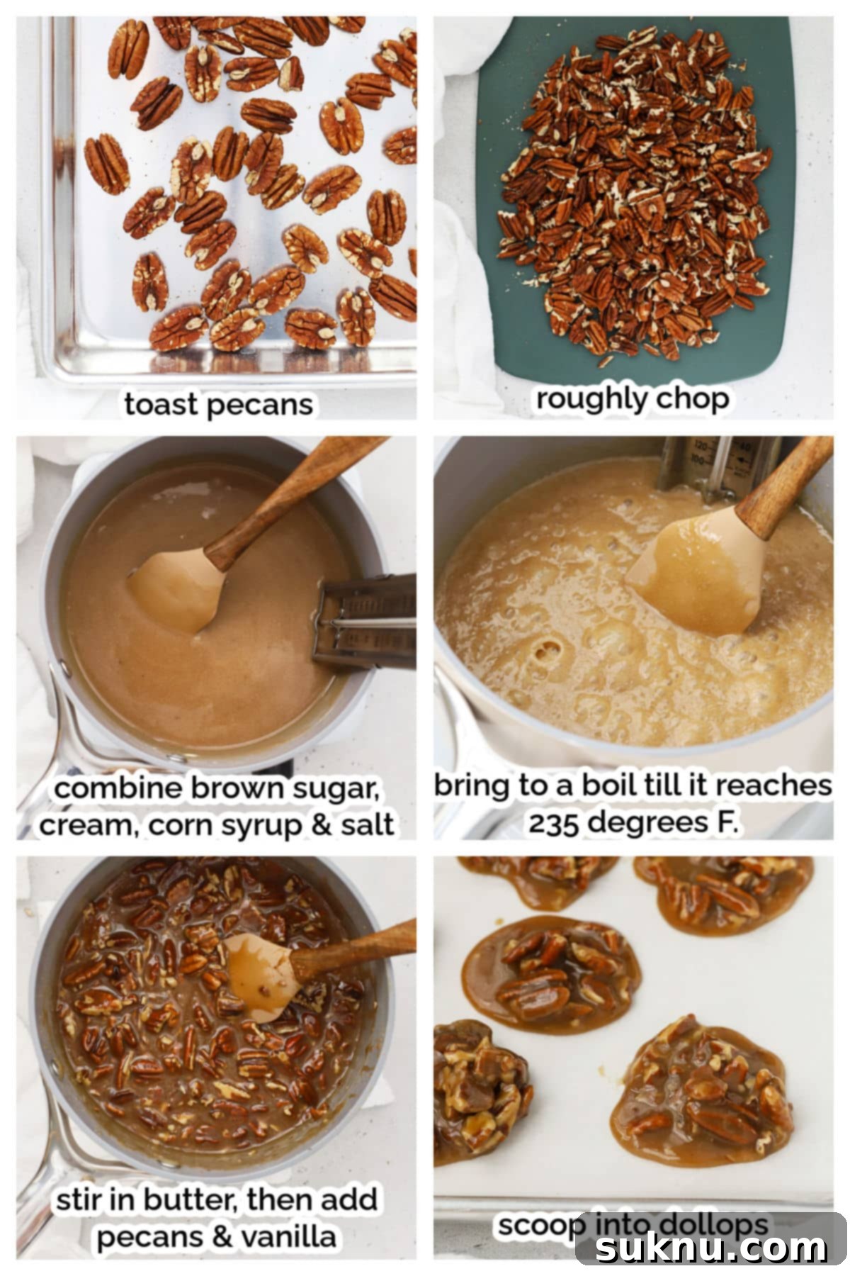 A series of images demonstrating the step-by-step process of making homemade pecan pralines.