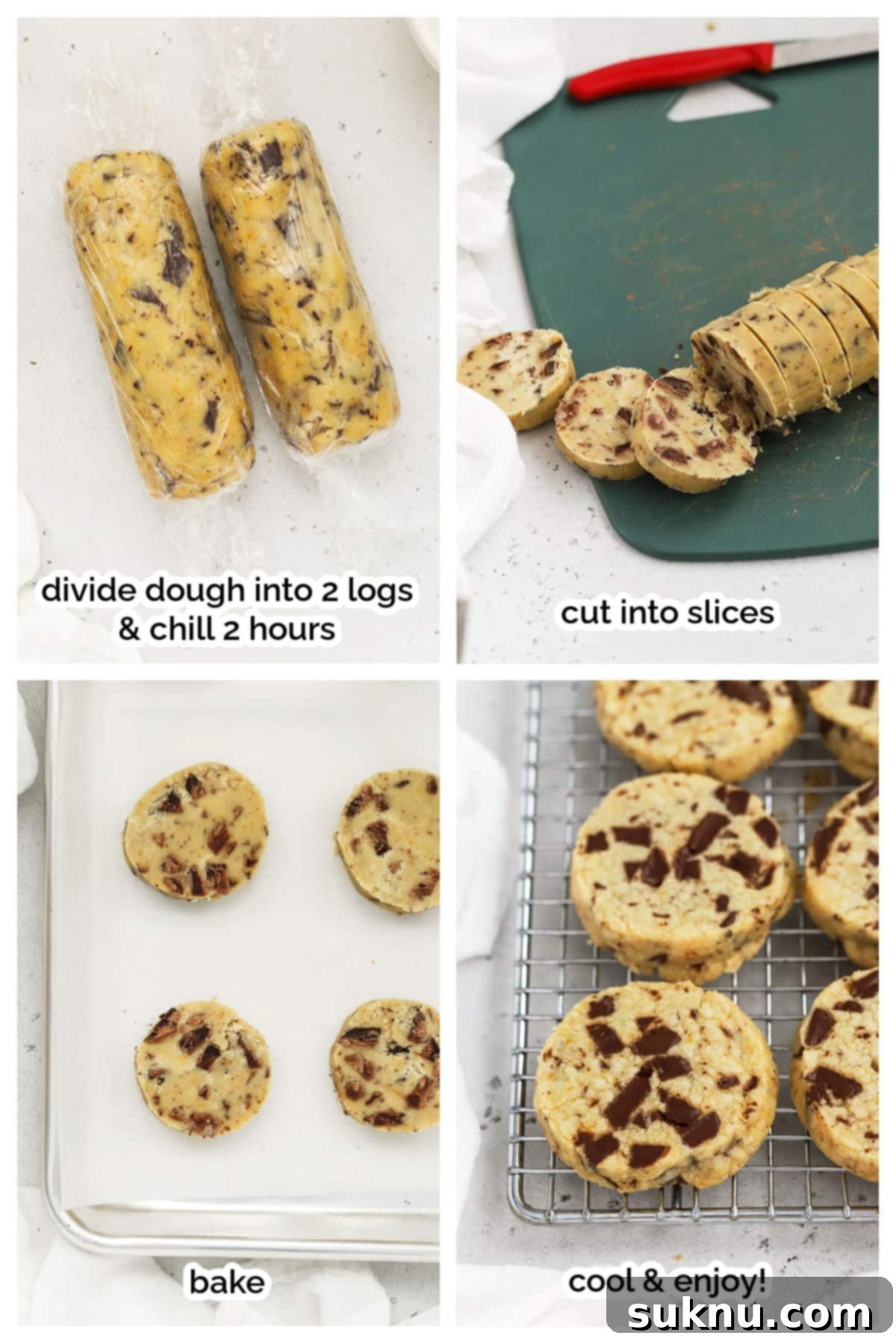 Wholesome Gluten-Free Orange Chocolate Buttery Bites 5 Slicing and baking Gluten-Free Orange Chocolate Chunk Shortbread Cookies on a baking sheet.