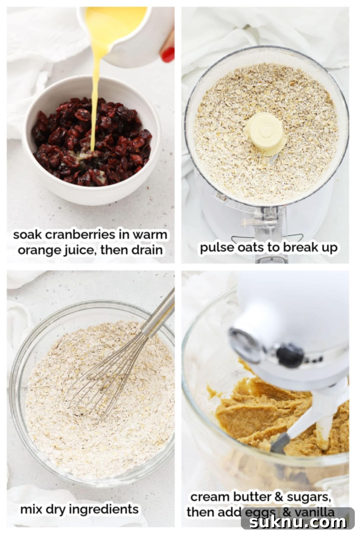 Step-by-step visual guide for making gluten-free cranberry white chocolate oatmeal cookies, showing mixing stages.