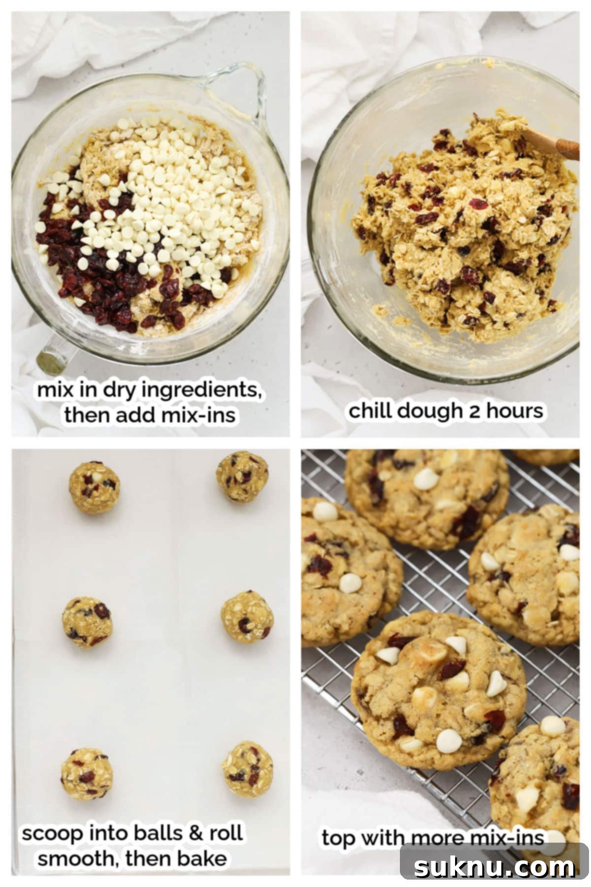 Process shots showing the mixing of cookie dough for gluten-free cranberry cookies.