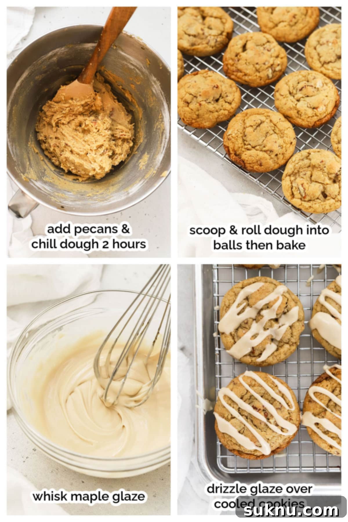 Making gluten-free maple pecan cookies, showing the glazing process